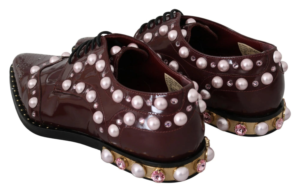 Dolce & Gabbana Bordeaux Leather Crystal Pearls Formal Shoes - EU39/US8.5