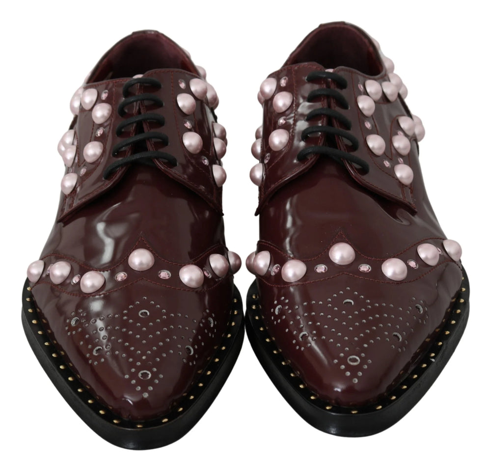 Dolce & Gabbana Bordeaux Leather Crystal Pearls Formal Shoes - EU39/US8.5