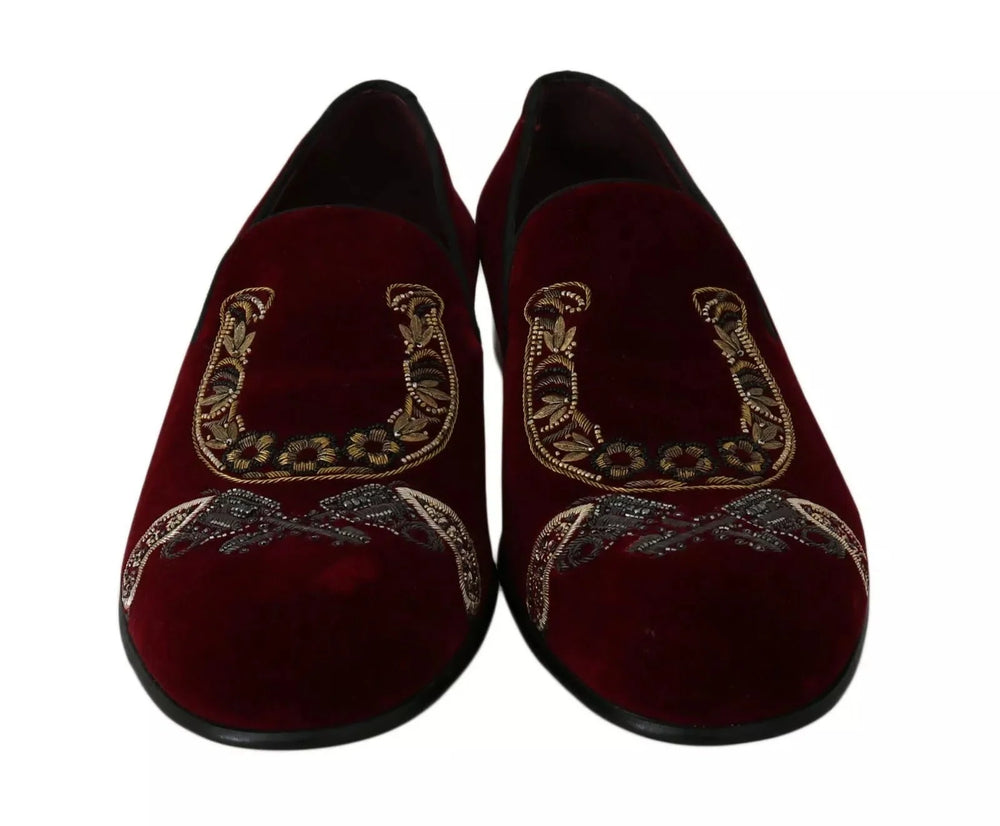 Dolce & Gabbana Bordeaux Velvet Loafers Gun Horseshoe Shoes - EU39/US6 - Flats
