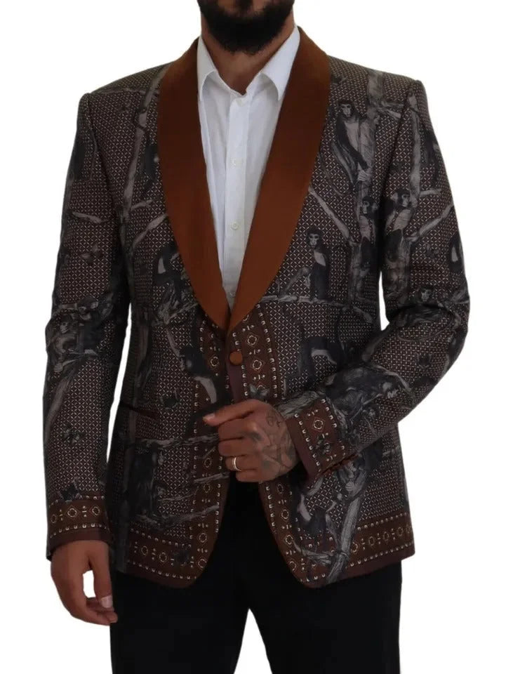 Dolce & Gabbana Bronze Monkey Print Silk Slim Jacket Blazer - Sport Jackets