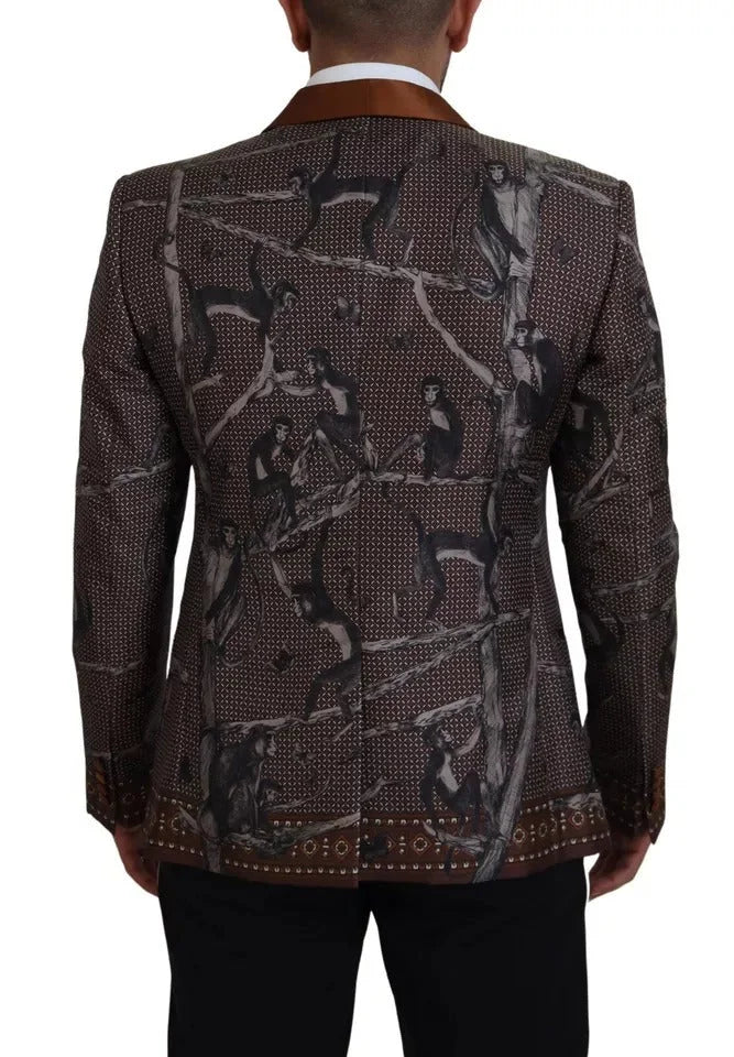 Dolce & Gabbana Bronze Monkey Print Silk Slim Jacket Blazer - Sport Jackets