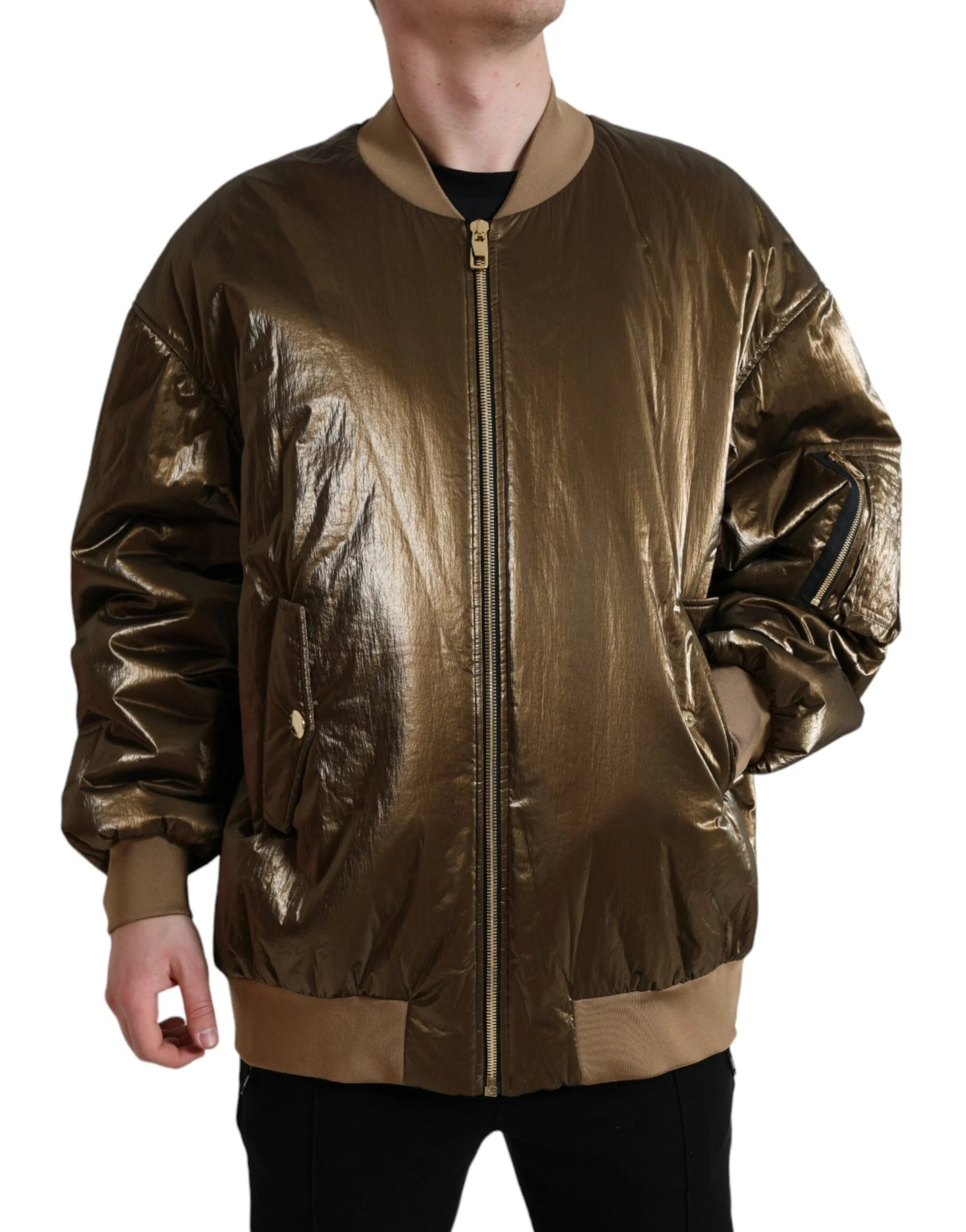 Dolce & Gabbana Bronze Nylon Full Zip Men Bomber Jacket - IT54 | XL - Bomber Jackets