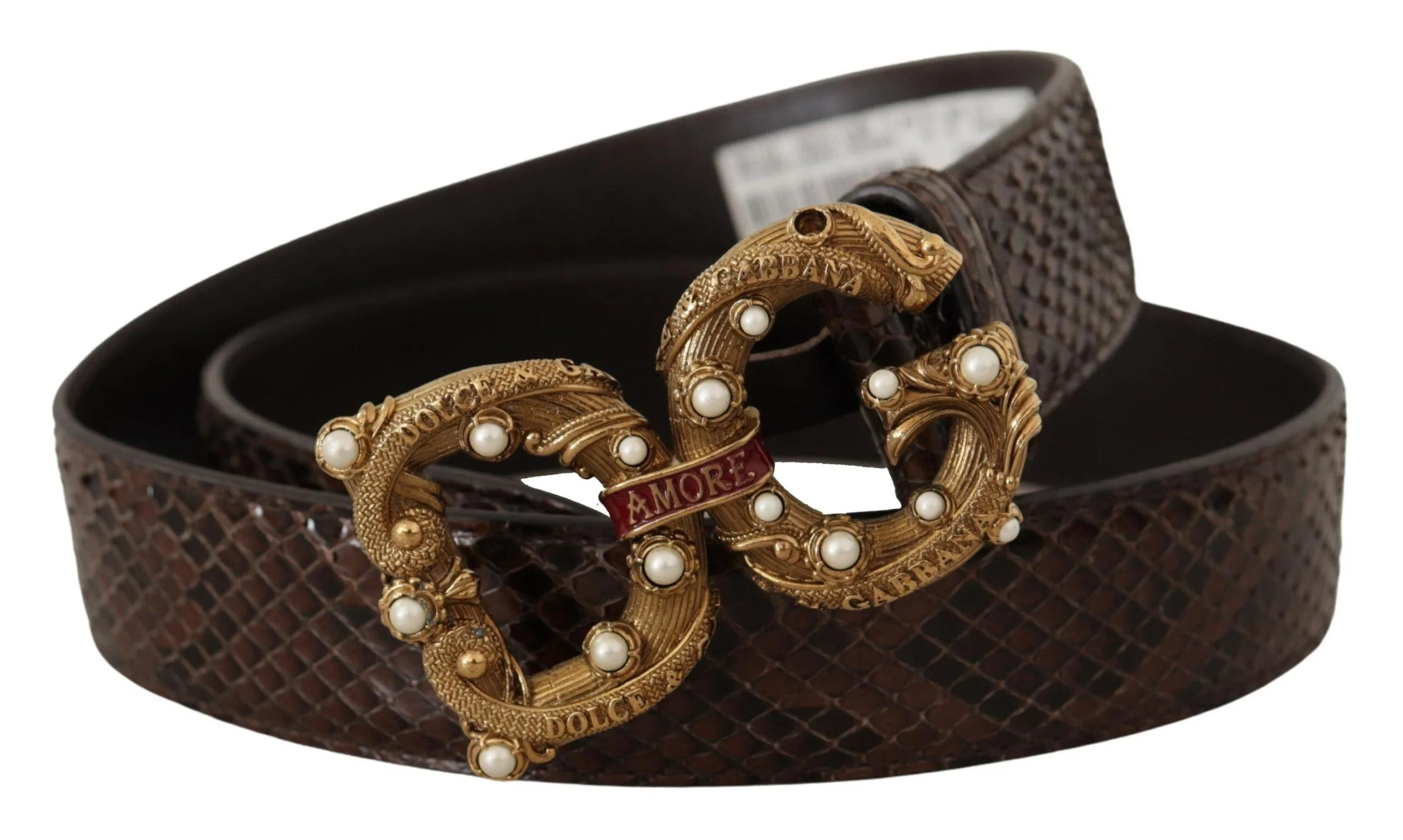 Dolce & Gabbana Brown Amore Animal Print Exotic Leather Logo Buckle Belt - 70 cm / 28 Inches - Belts