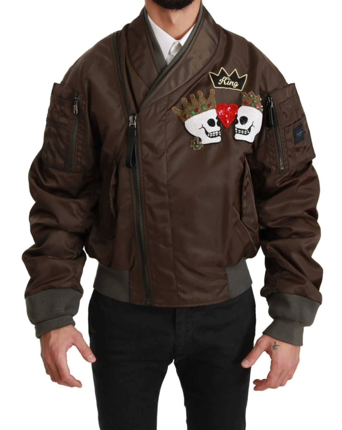 Dolce & Gabbana Brown Beaded Crown Skull Logo Jacket - Bomber Jackets