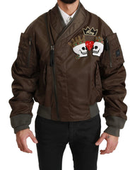 Dolce & Gabbana Brown Beaded Crown Skull Logo Jacket - Bomber Jackets