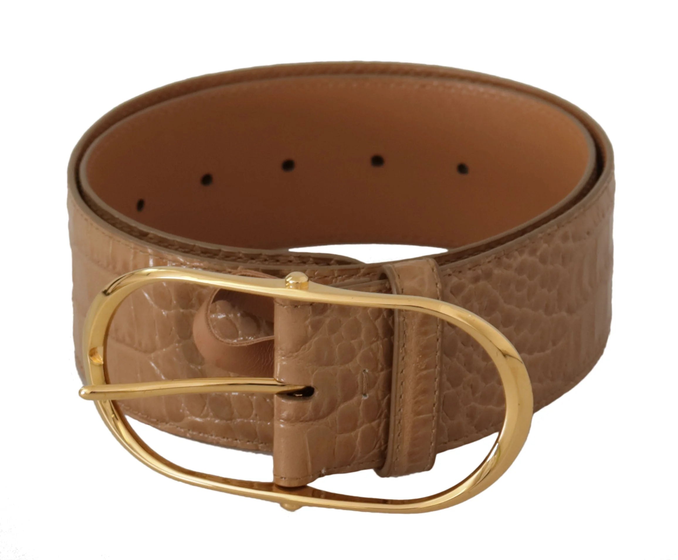 Dolce & Gabbana Brown Beige Leather Gold Metal Oval Buckle Belt - 75 cm / 29,5 Inches - Belts