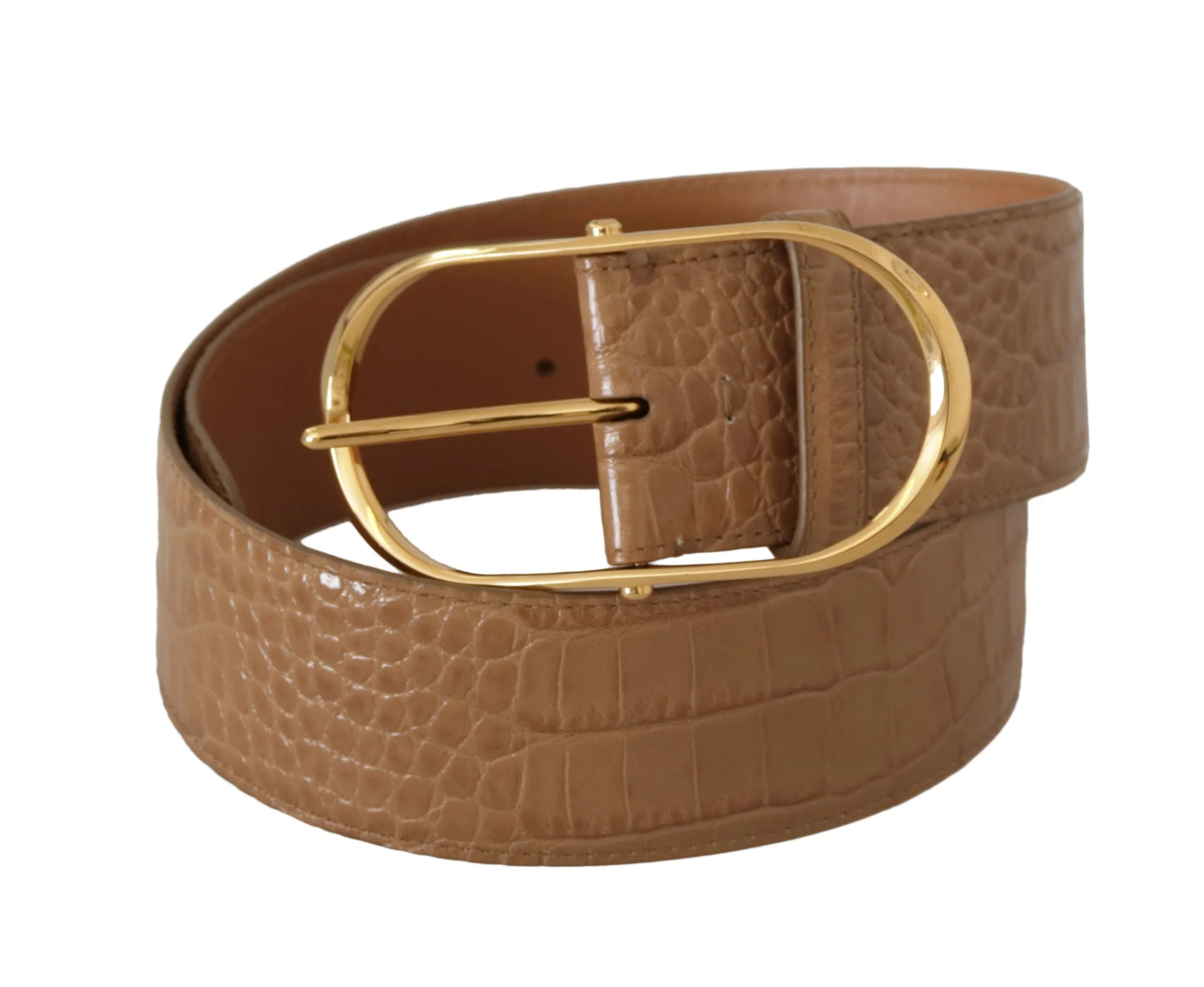 Dolce & Gabbana Brown Beige Leather Gold Metal Oval Buckle Belt - 75 cm / 29,5 Inches - Belts