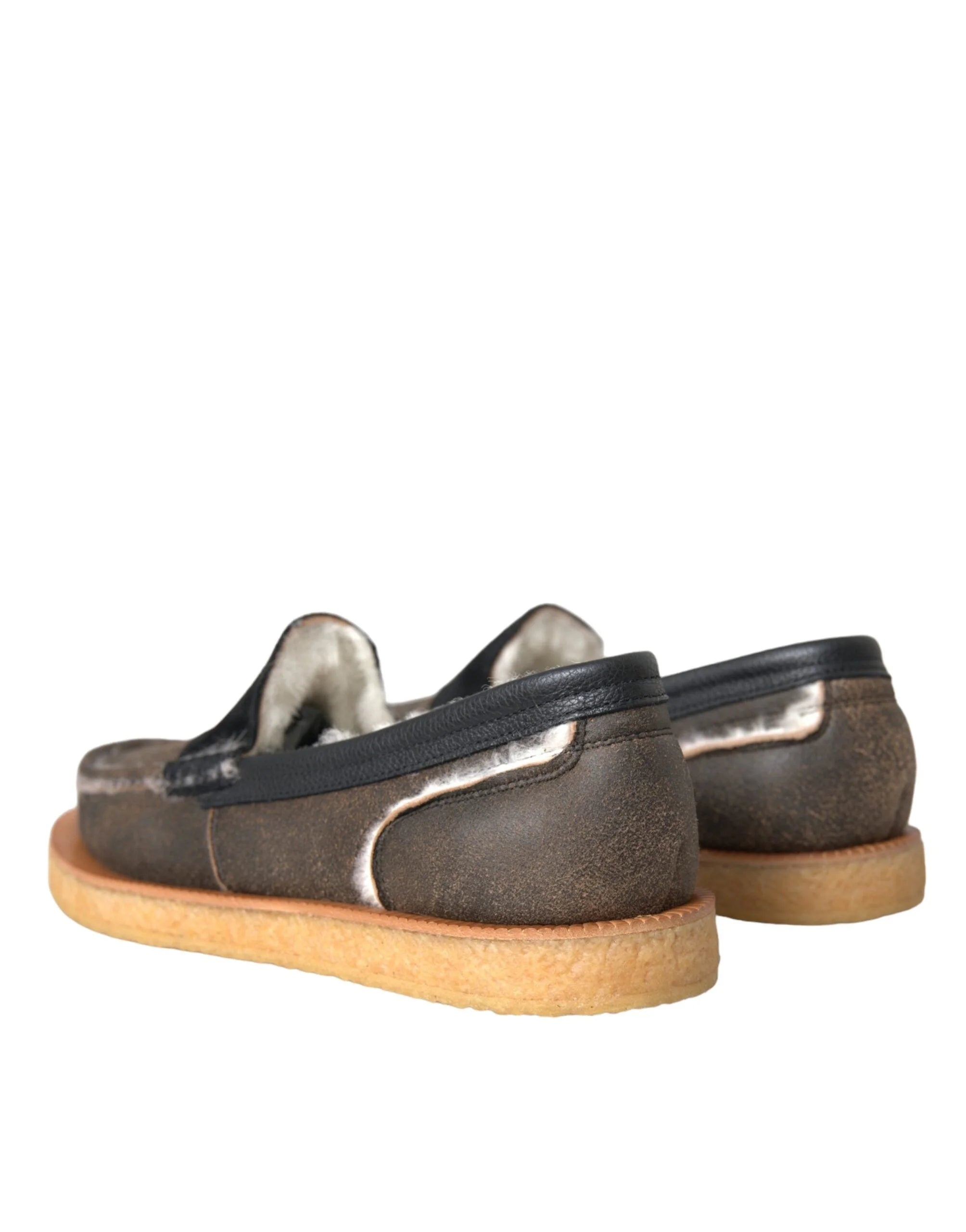 Dolce & Gabbana Brown Black Fur Leather Loafers Men Shoes - EU40.5/US7.5 - Flats