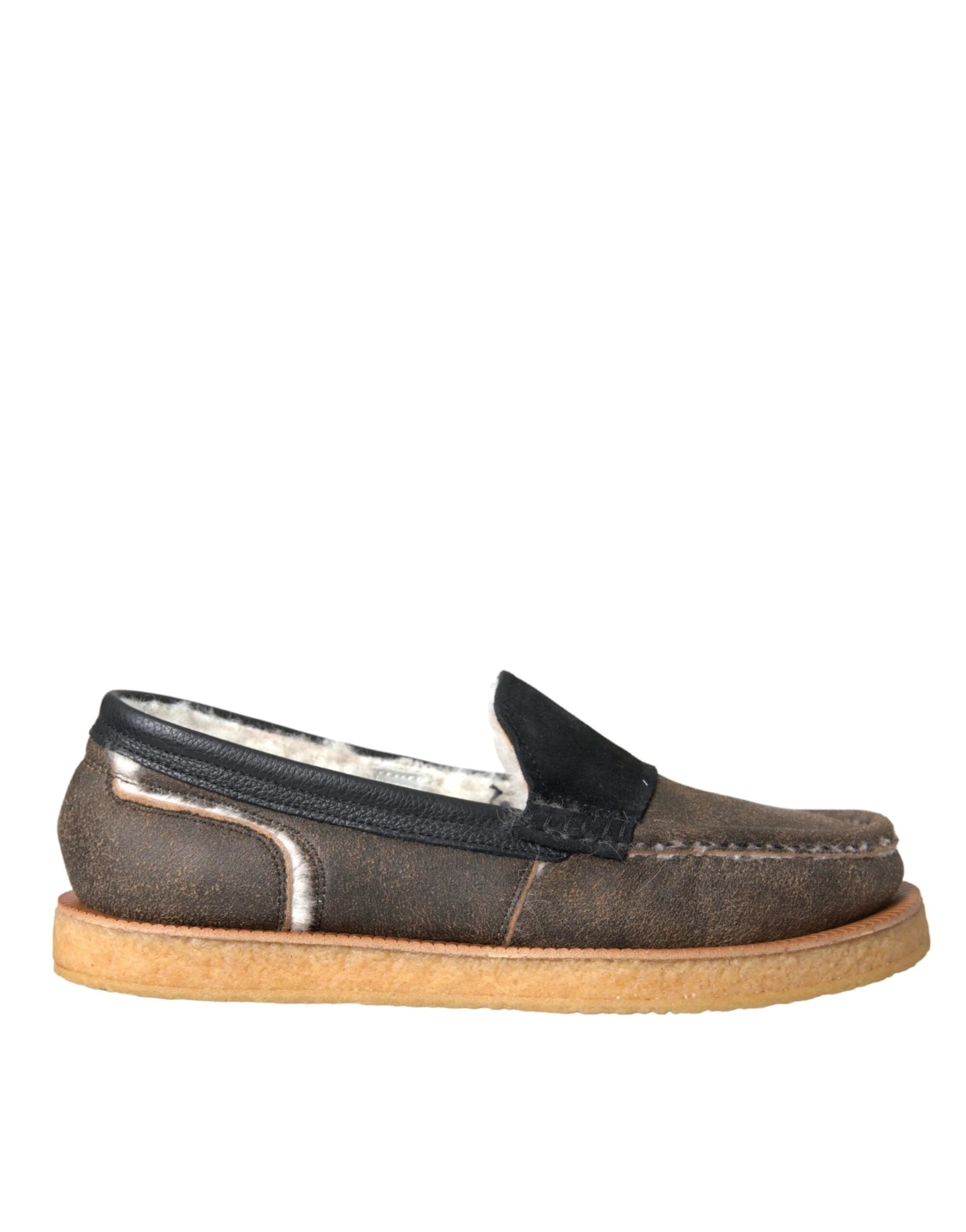 Mocasini barbatesti Dolce & Gabbana din piele cu blana, maro-negru - EU40.5/US7.5