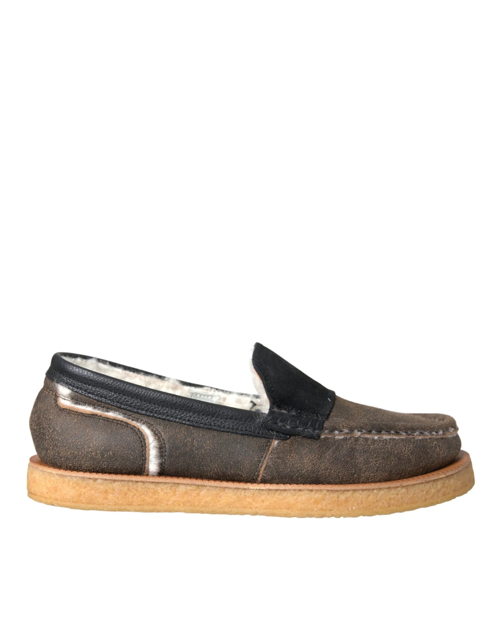 Mocasini barbatesti Dolce & Gabbana din piele cu blana, maro-negru - EU40.5/US7.5