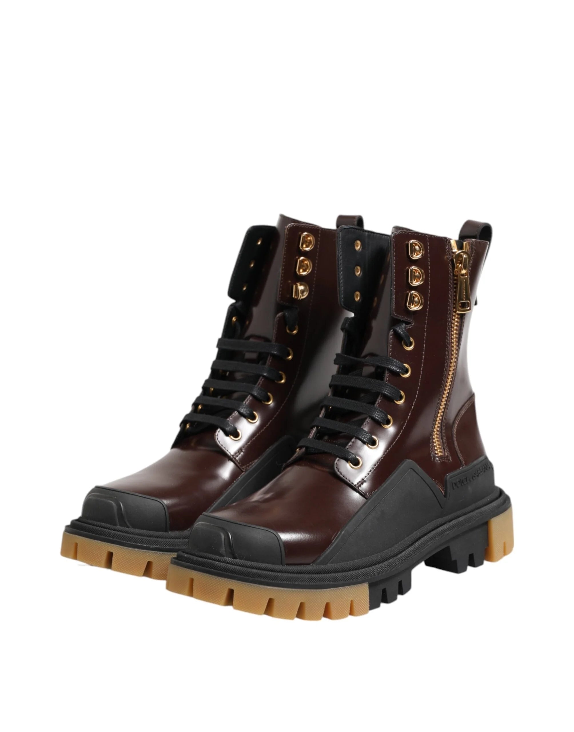 Dolce & Gabbana Brown Black Leather Boots Zipper Lace Up Shoes - EU40/US7 - Boots