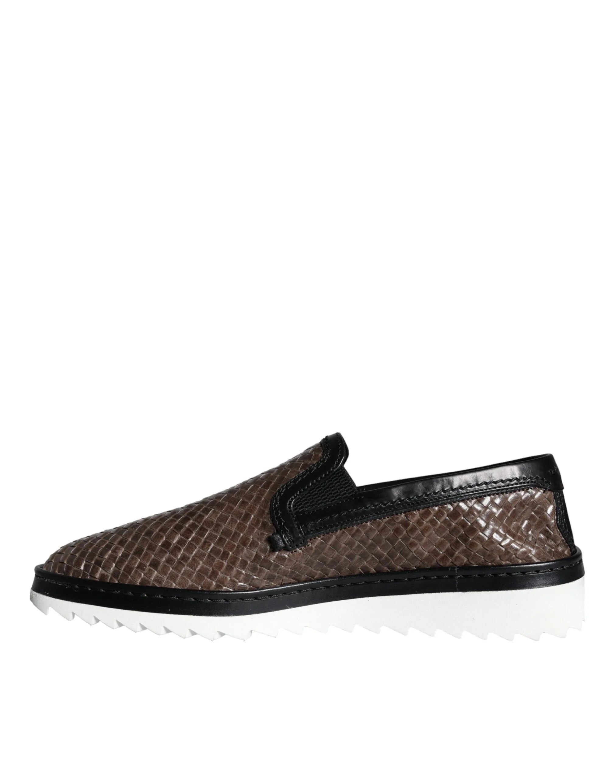 Dolce & Gabbana Brown Black Leather Weaved Men Loafers Shoes - Flats