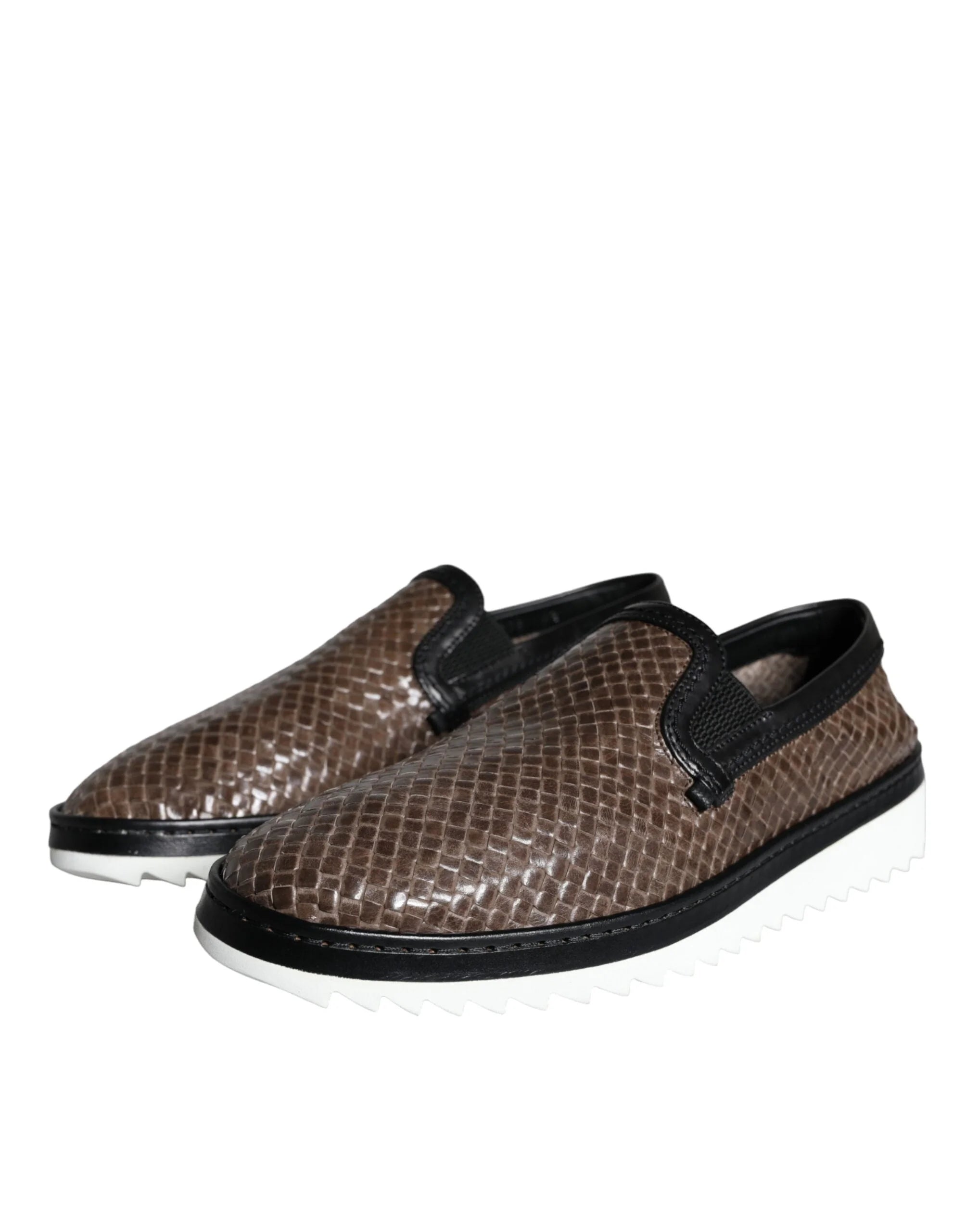 Dolce & Gabbana Brown Black Leather Weaved Men Loafers Shoes - Flats