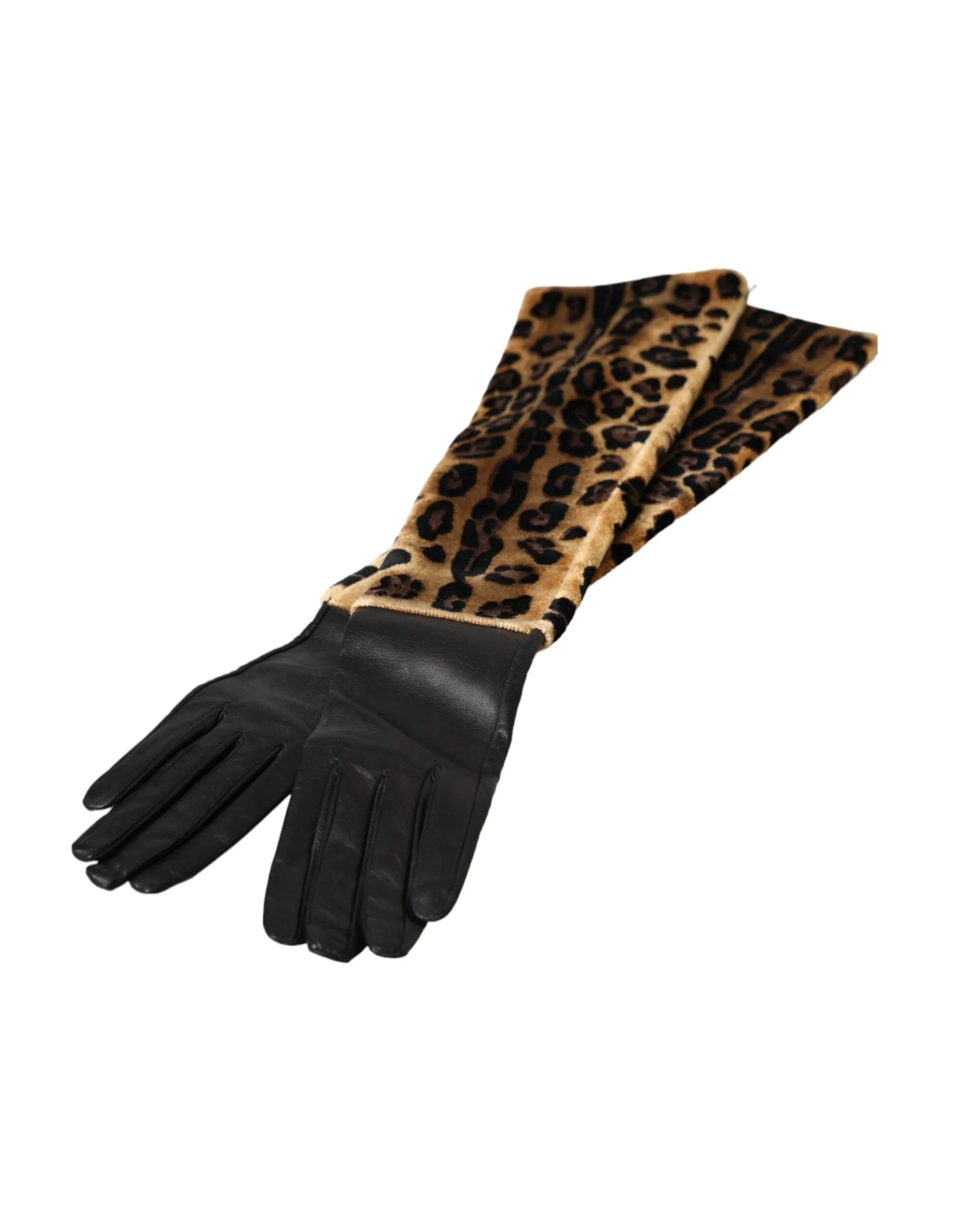Dolce & Gabbana Ruskeat Mustat Leopardikuvioiset Nahkaiset Kyynärpäähän Ulottuvat Hanskat - 6.5|XS