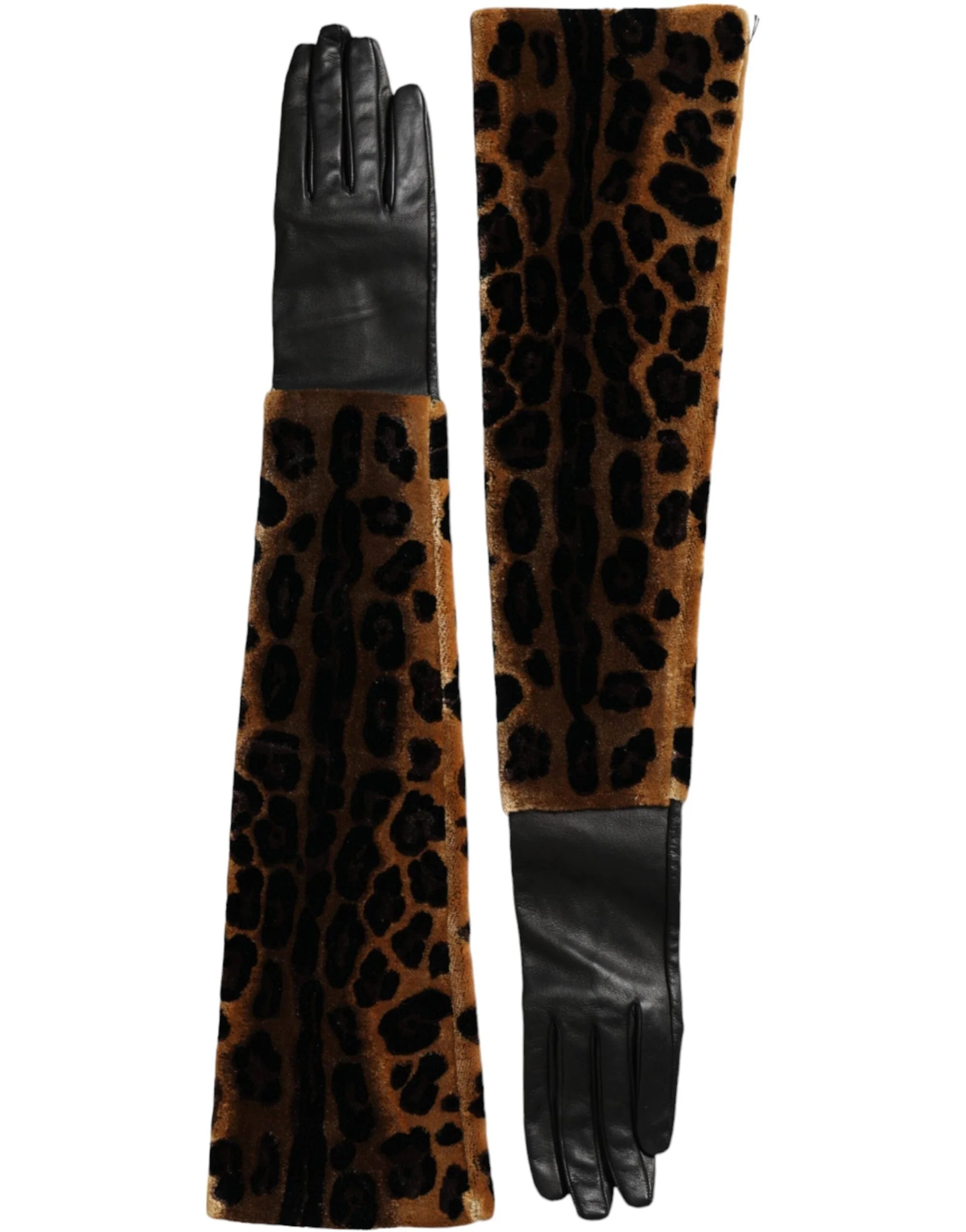 Dolce & Gabbana Brown Black Leopard Leather Elbow Length Gloves - 6.5|XS - Gloves & Mittens