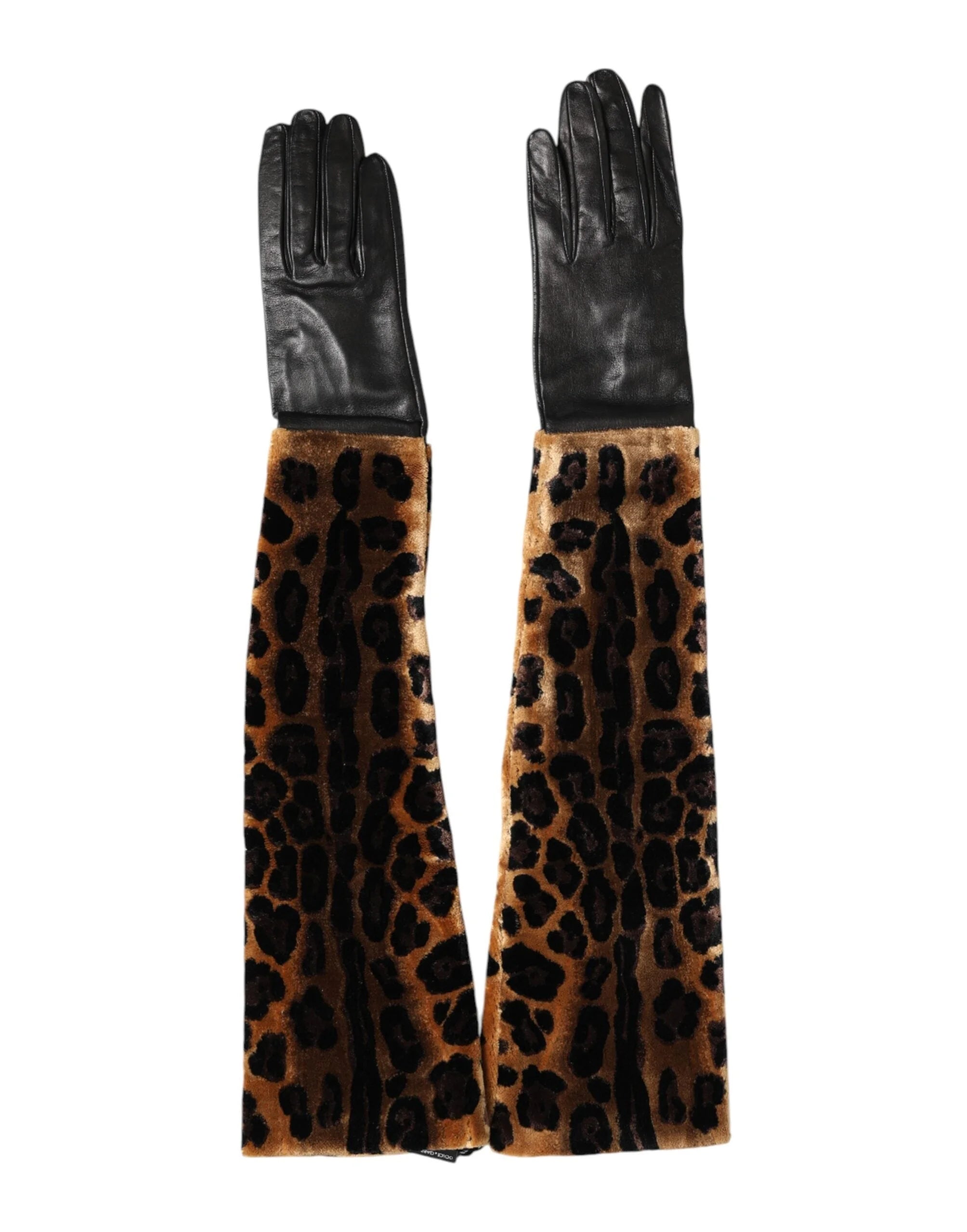Dolce & Gabbana Brown Black Leopard Leather Elbow Length Mitten Gloves - 6.5|XS - Gloves & Mittens