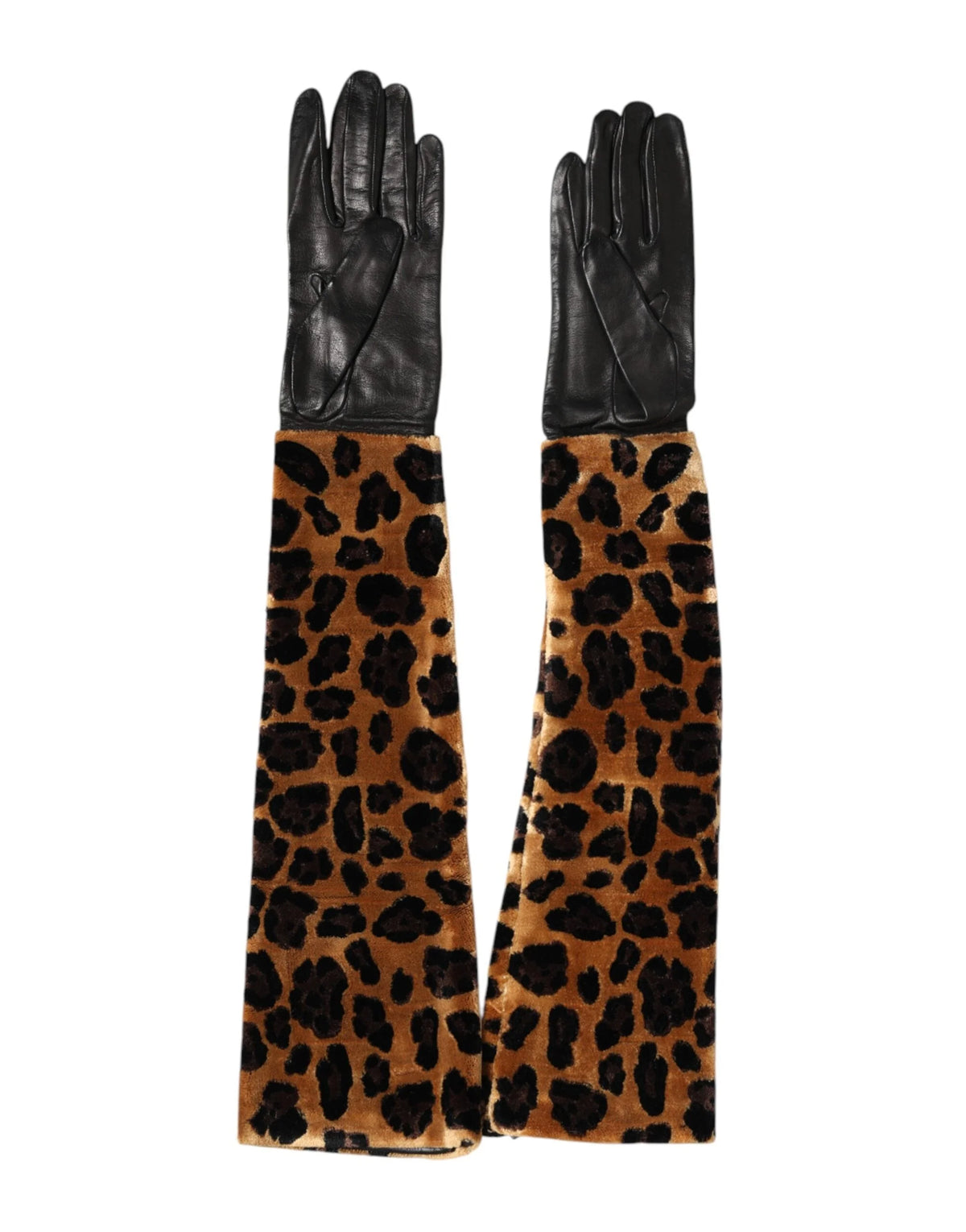 Dolce & Gabbana Brown Black Leopard Leather Elbow Length Mitten Gloves - 6.5|XS - Gloves & Mittens
