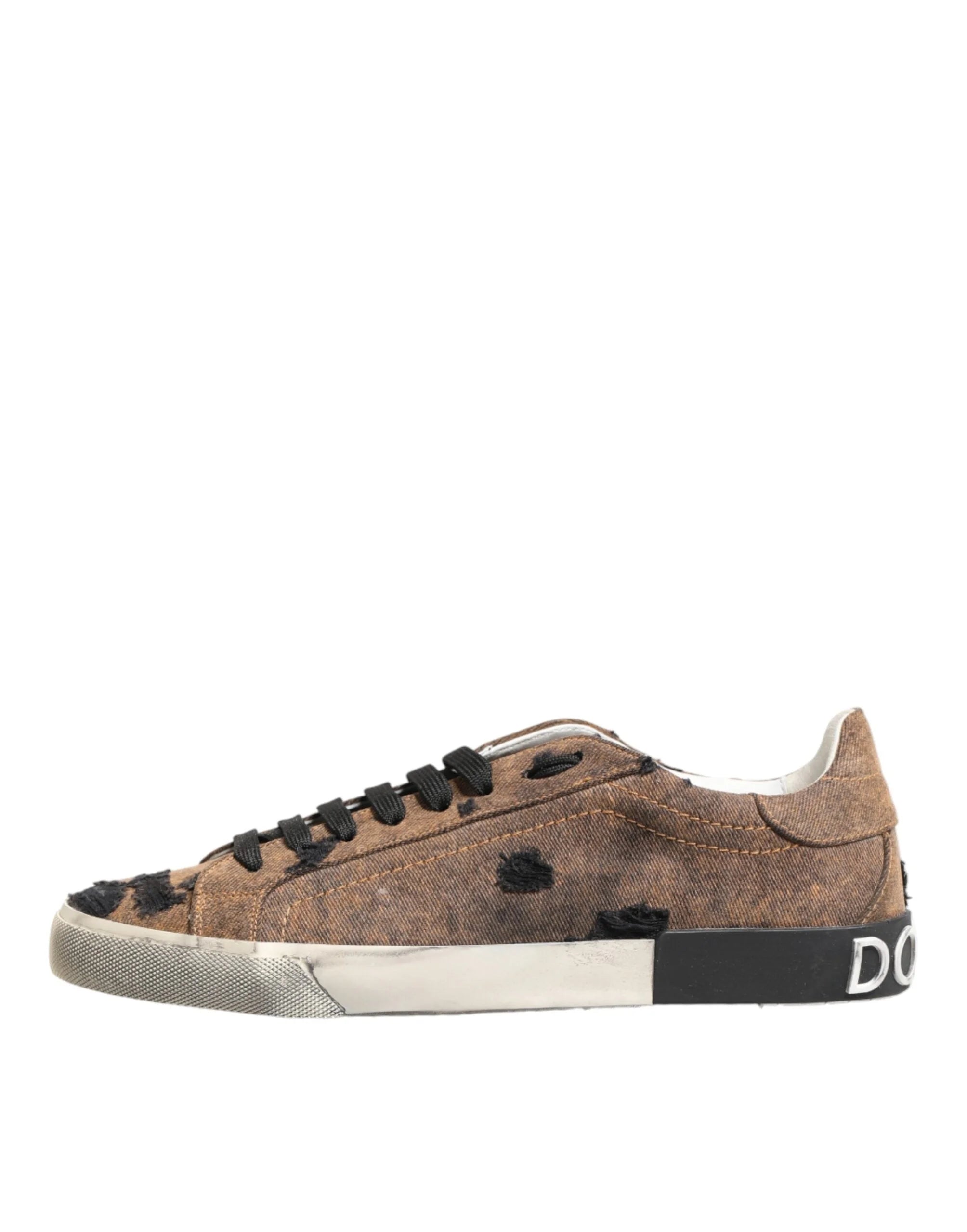 Dolce & Gabbana Brown Black Patch Denim Low Top Sneakers Shoes - EU44/US11