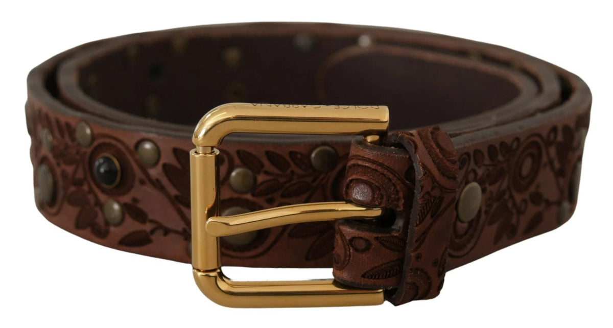 Dolce & Gabbana Brown Calf Leather Embossed Gold Metal Buckle - 85 cm / 34 Inches - Belts