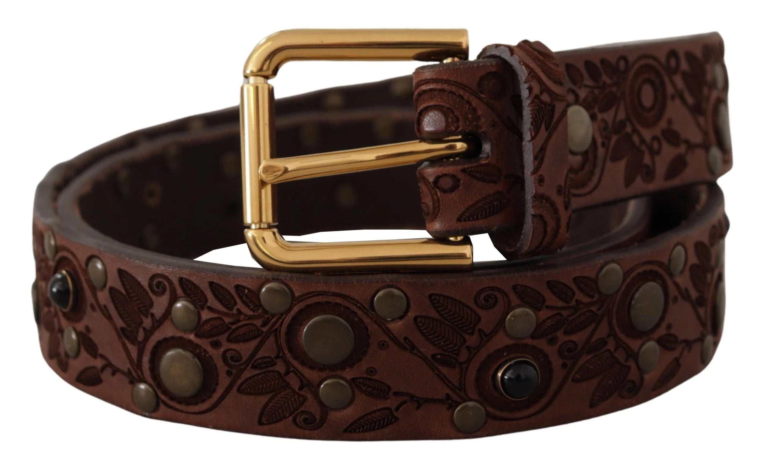 Dolce & Gabbana Brown Calf Leather Embossed Gold Metal Buckle - 85 cm / 34 Inches - Belts