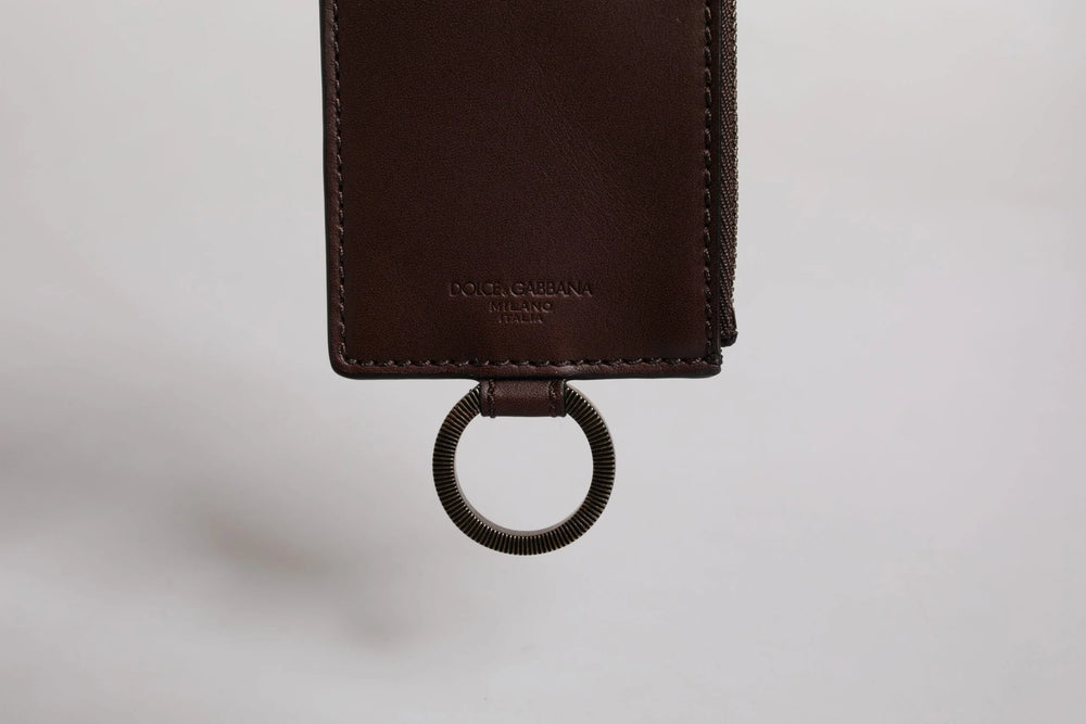 Dolce & Gabbana Brown Calf Leather Lanyard Logo Card Holder Wallet - Neck Pouches