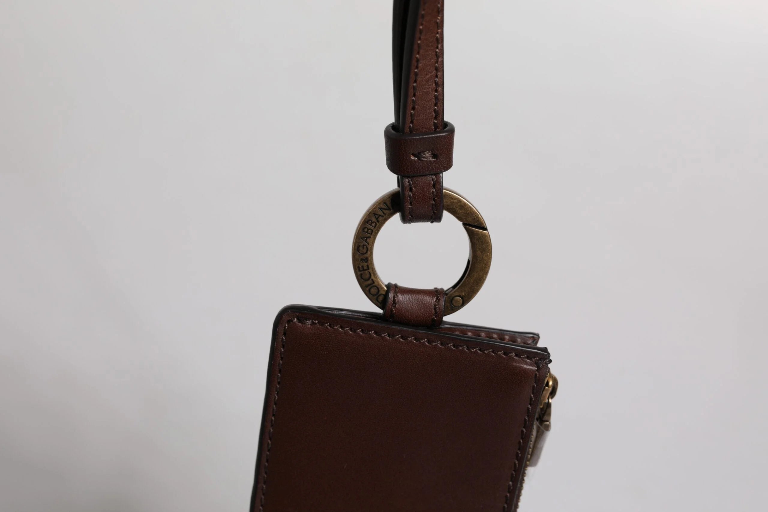 Dolce & Gabbana Brown Calf Leather Lanyard Logo Card Holder Wallet - Neck Pouches