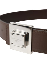Dolce & Gabbana Brown Calf Leather Square Metal Buckle Belt - 80 cm / 32 Inches - Belts