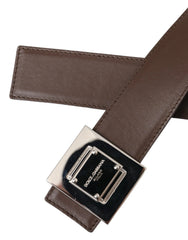 Dolce & Gabbana Brown Calf Leather Square Metal Buckle Belt - 80 cm / 32 Inches - Belts
