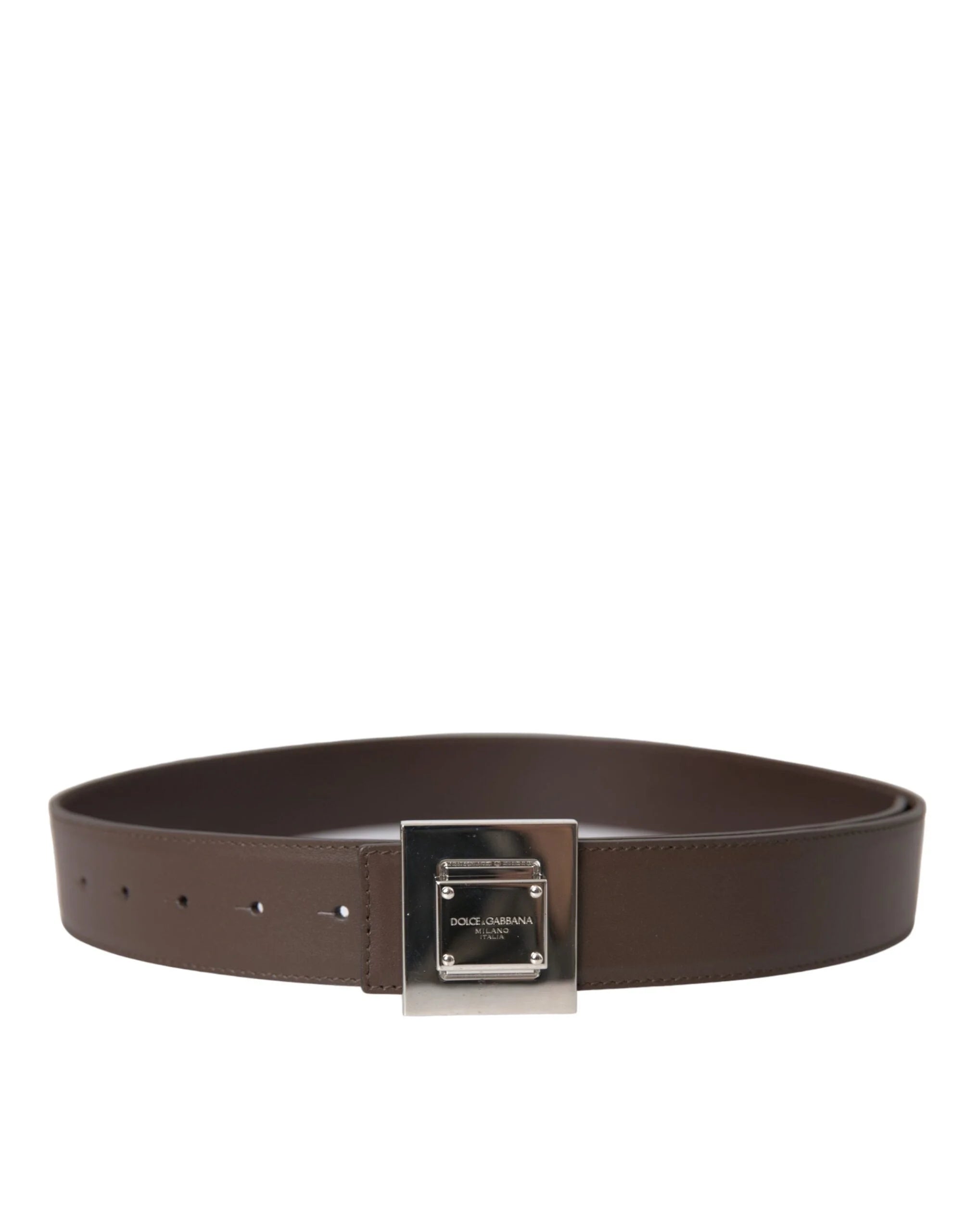 Dolce & Gabbana Brown Calf Leather Square Metal Buckle Belt - 80 cm / 32 Inches - Belts