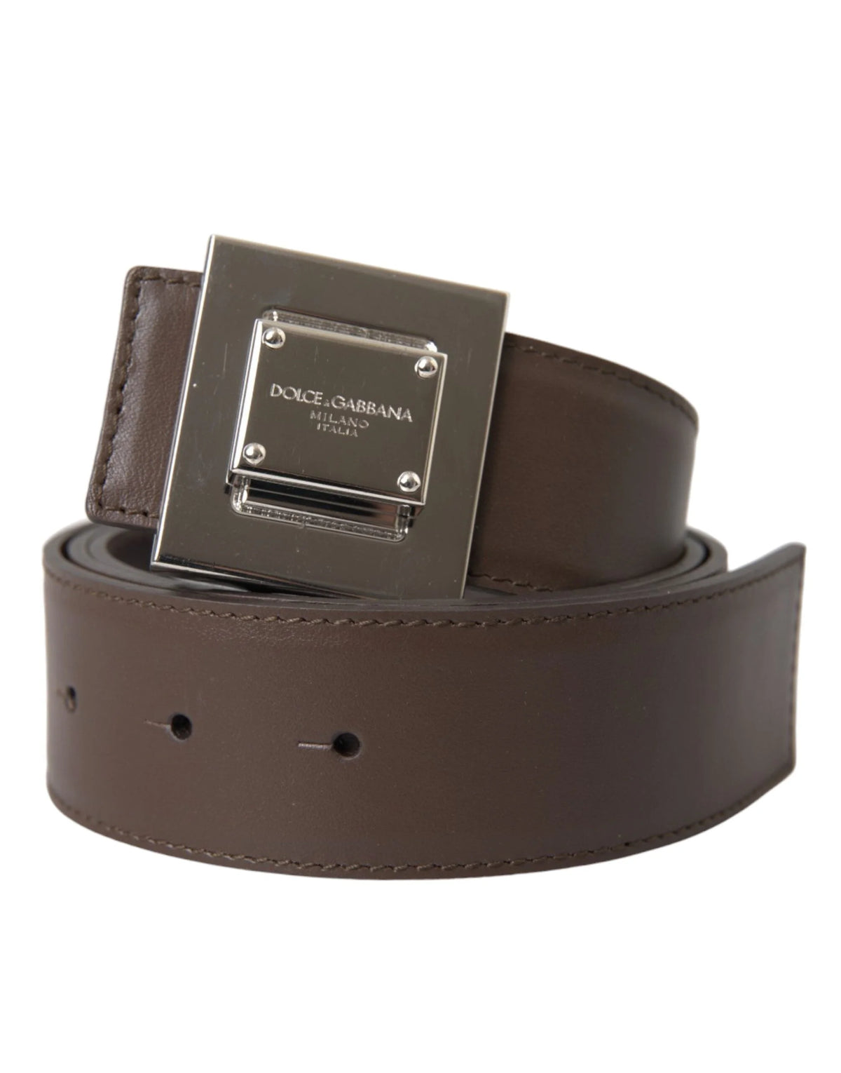 Dolce & Gabbana Brown Calf Leather Square Metal Buckle Belt - 80 cm / 32 Inches - Belts