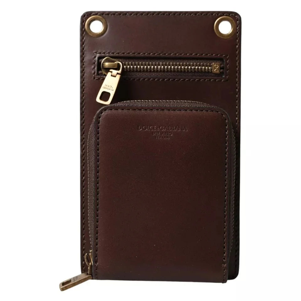 Dolce & Gabbana Brown Calf Leather Zip Logo Shoulder Neck Strap Wallet - Neck Pouches