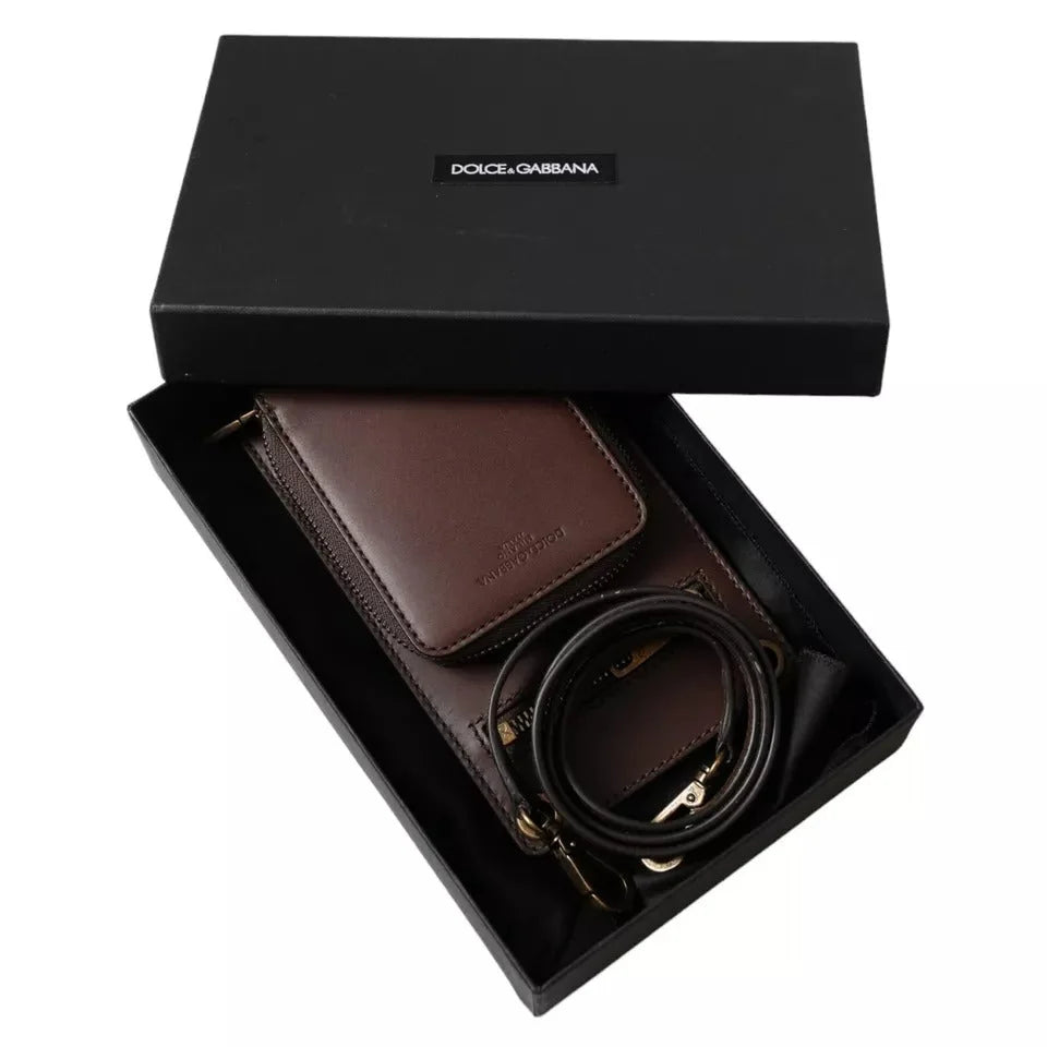 Dolce & Gabbana Brown Calf Leather Zip Logo Shoulder Neck Strap Wallet - Neck Pouches