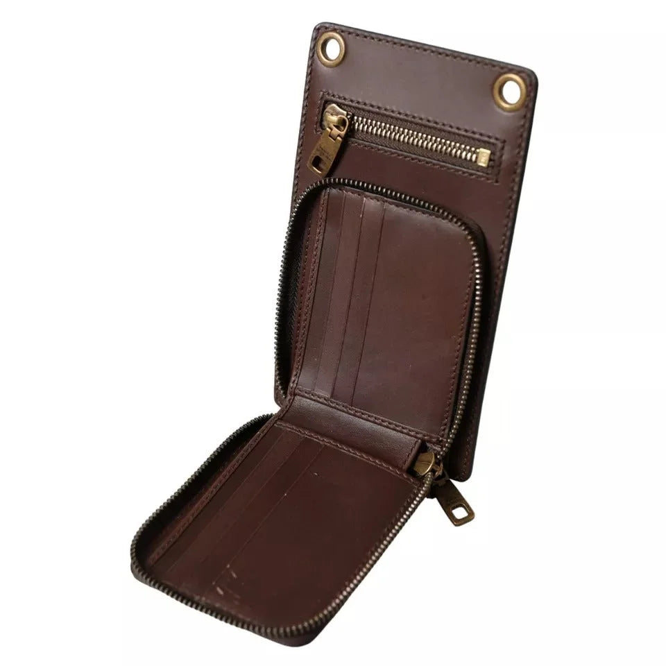Dolce & Gabbana Brown Calf Leather Zip Logo Shoulder Neck Strap Wallet - Neck Pouches