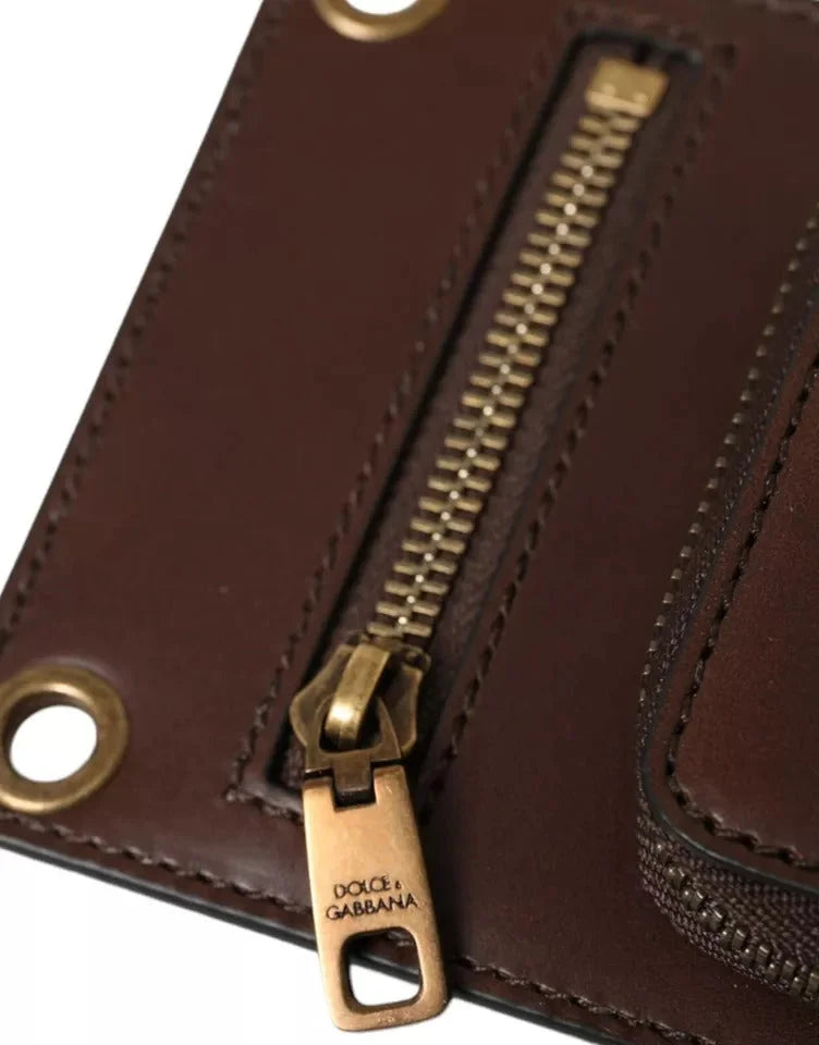 Dolce & Gabbana Brown Calf Leather Zip Logo Shoulder Neck Strap Wallet - Neck Pouches