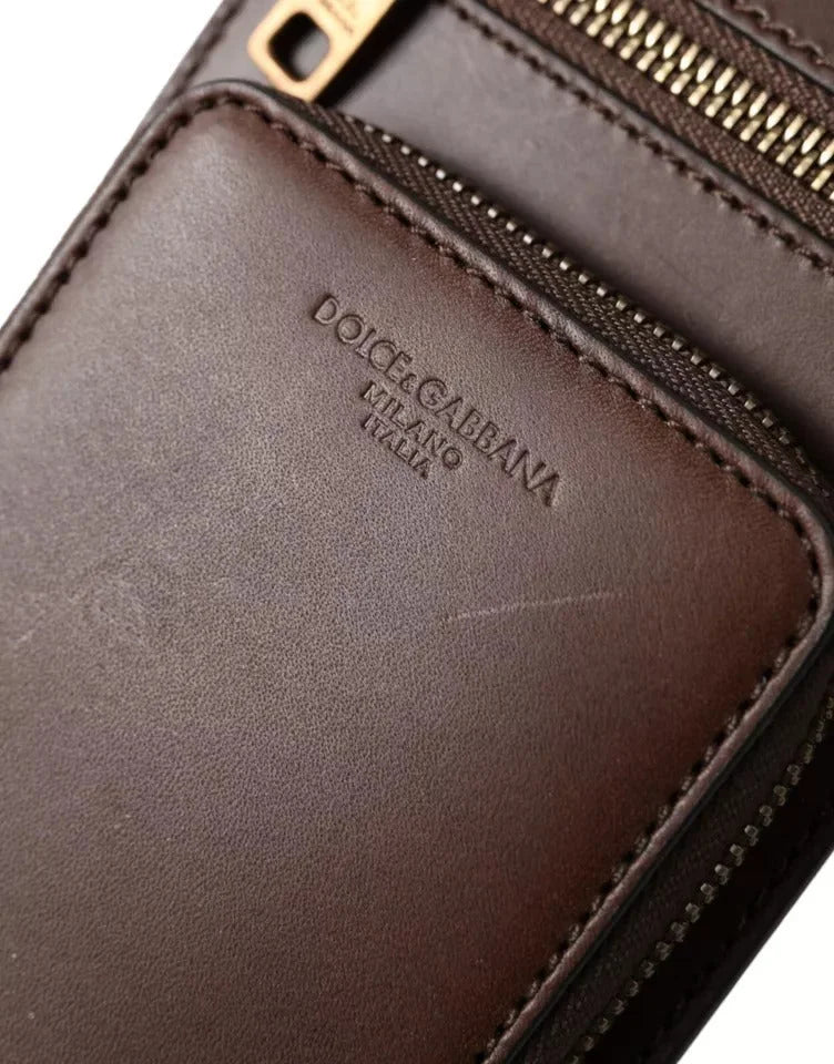 Dolce & Gabbana Brown Calf Leather Zip Logo Shoulder Neck Strap Wallet - Neck Pouches