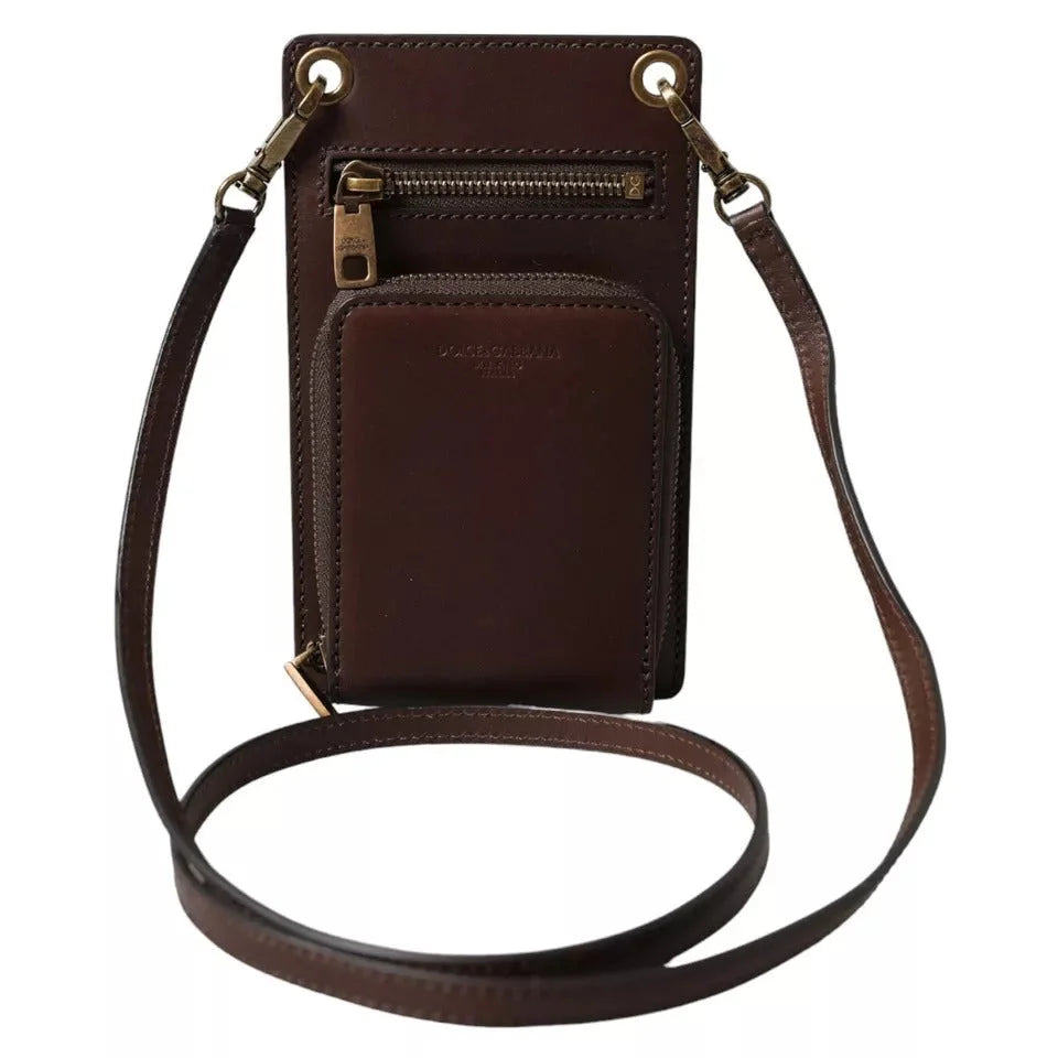 Dolce & Gabbana Brown Calf Leather Zip Logo Shoulder Neck Strap Wallet - Neck Pouches