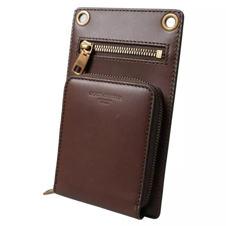 Dolce & Gabbana Brown Calf Leather Zip Logo Shoulder Neck Strap Wallet - Neck Pouches