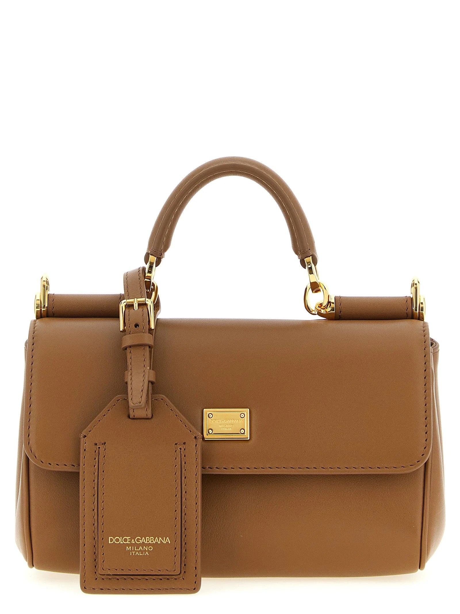 Dolce & Gabbana hnedá kabelka z teľacej kože so štruktúrovanou hornou rúčkou a zlatým hardvérom v klasickom satchel strihu.