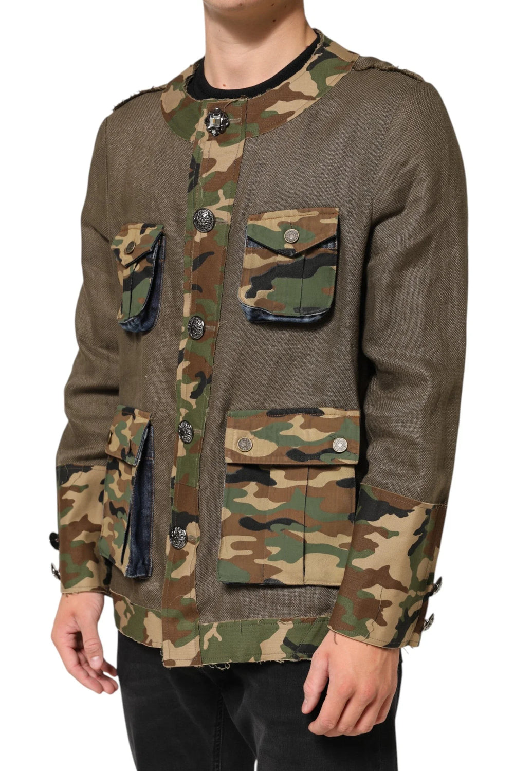 Dolce & Gabbana Brown Camouflage Linen Button Down Jacket - Sport Jackets