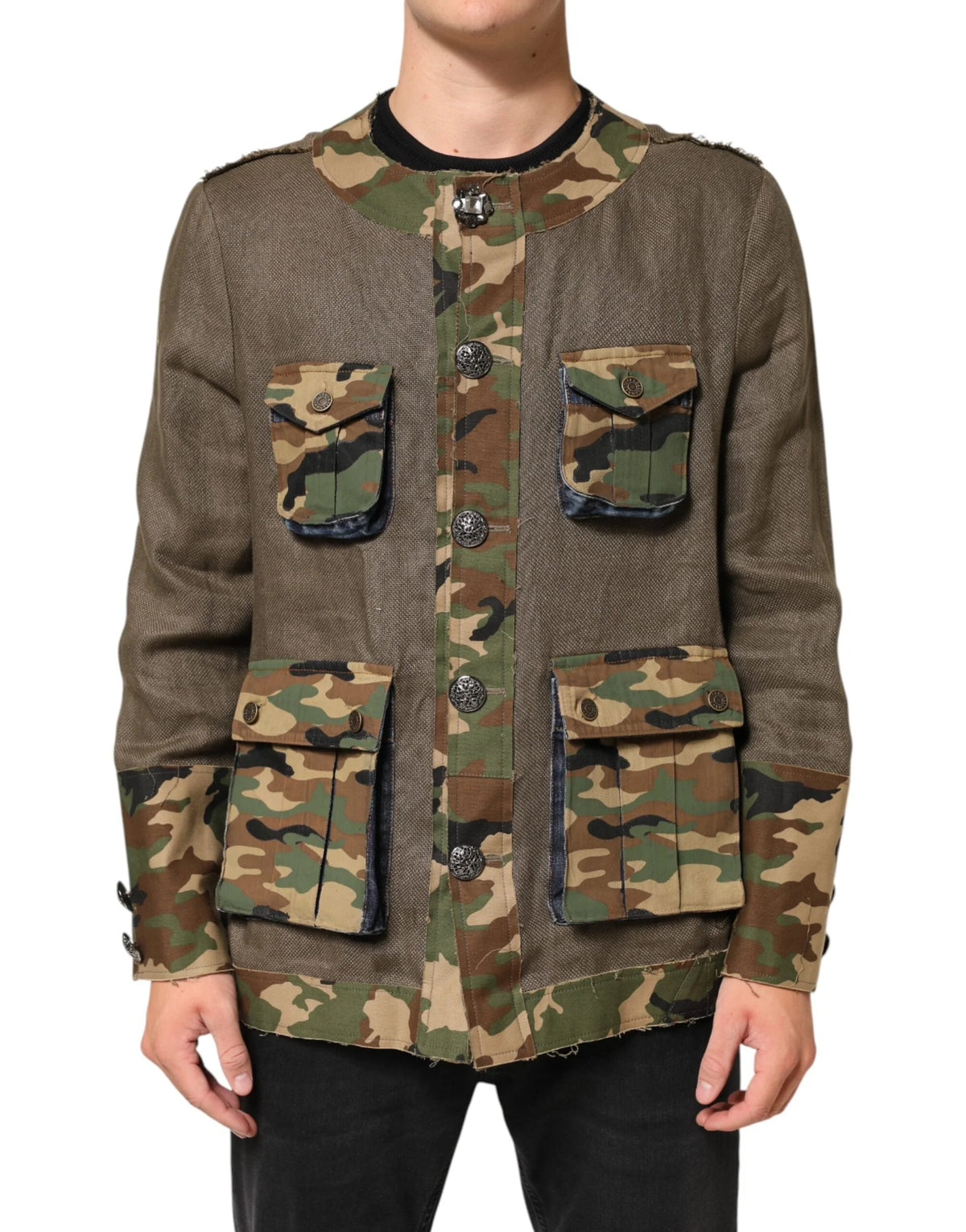 Dolce & Gabbana Brown Camouflage Linen Button Down Jacket - Sport Jackets