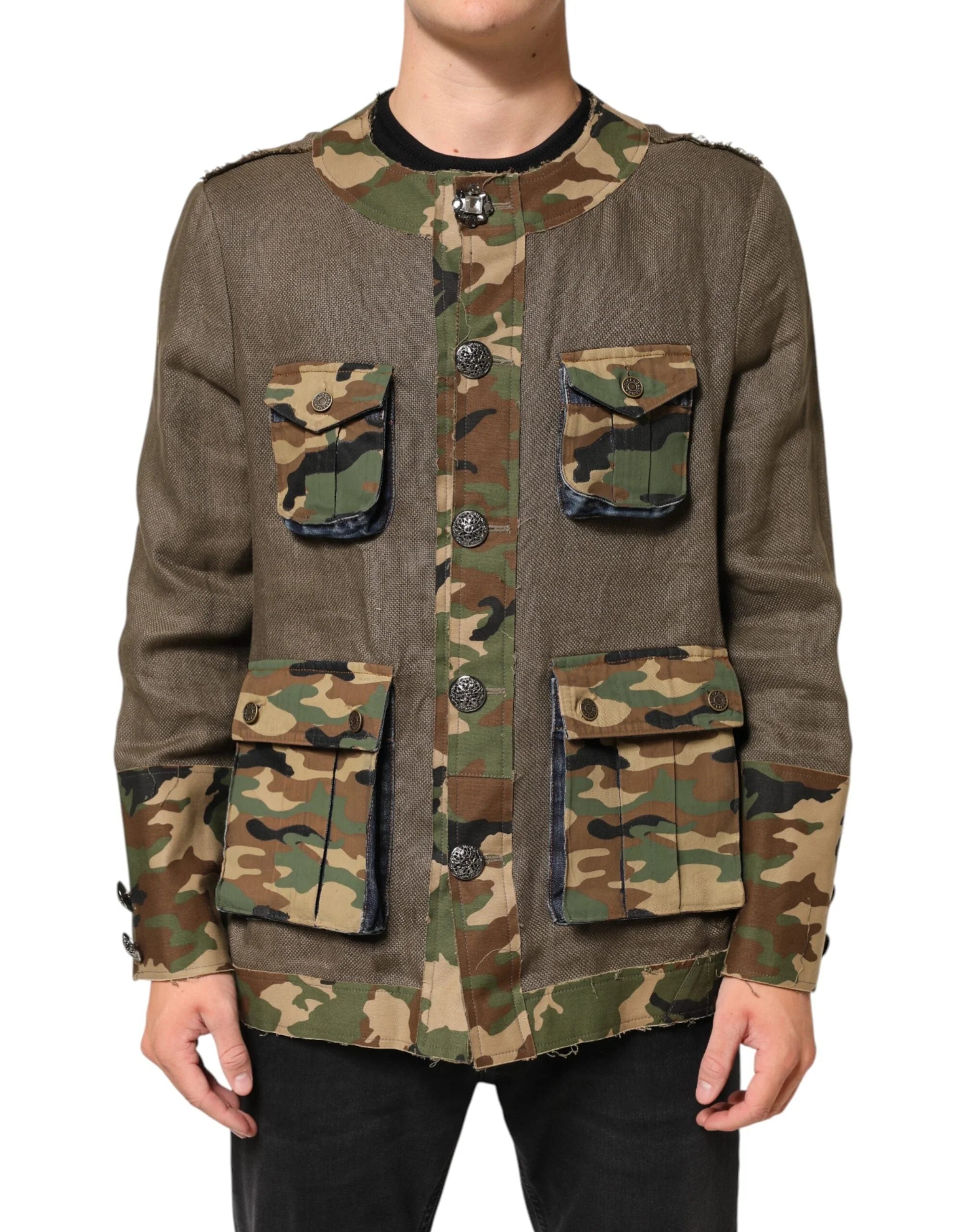 Dolce & Gabbana Brown Camouflage Linen Button Down Jacket - Sport Jackets
