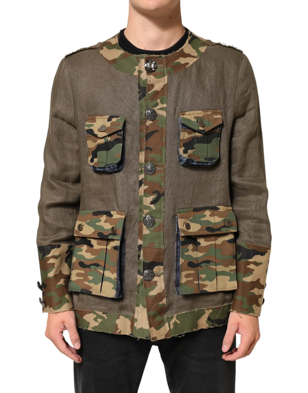 Dolce & Gabbana Brown Camouflage Linen Button Down Jacket - Sport Jackets
