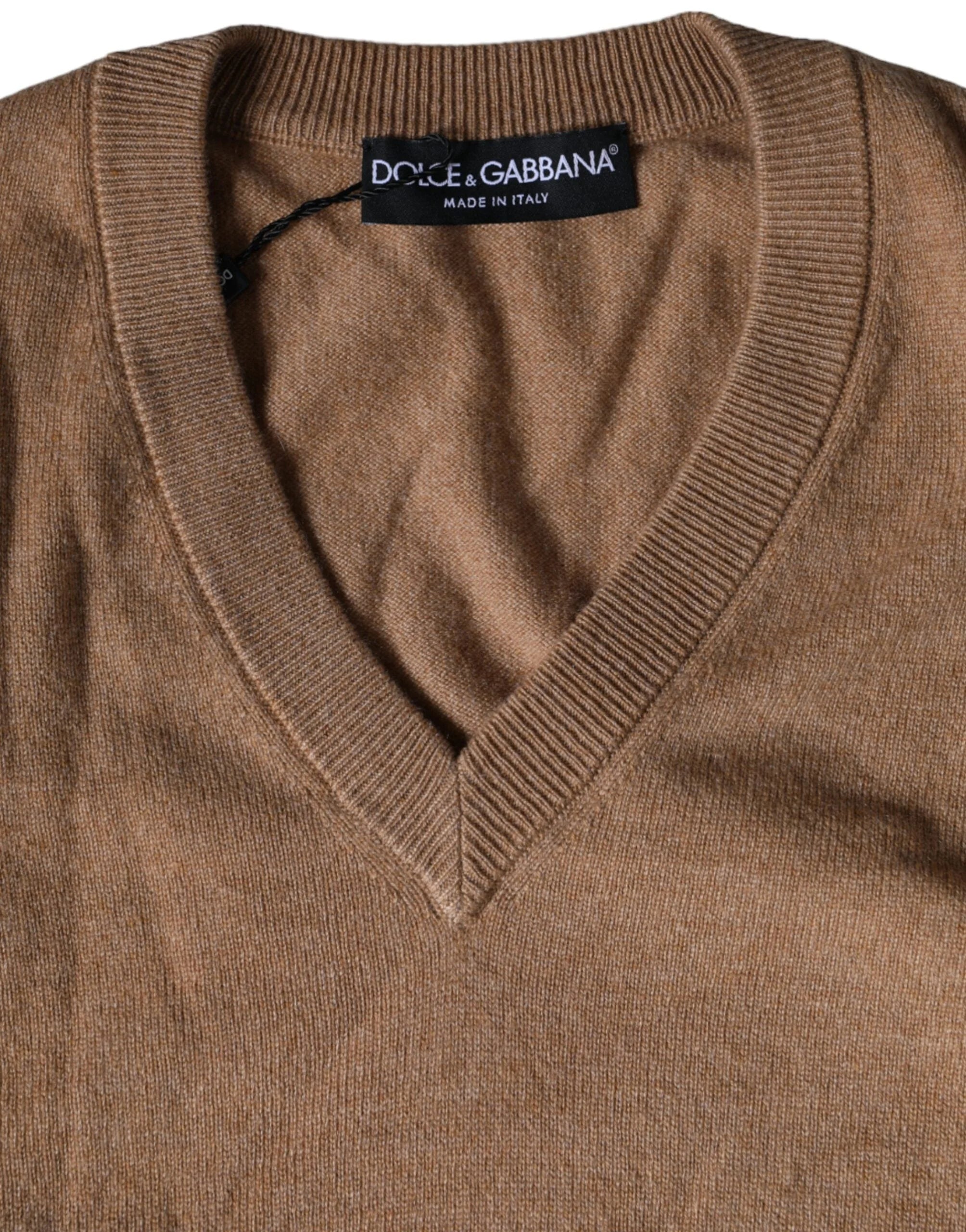 Dolce & Gabbana Brown Cashmere Knit V-neck Pullover Sweater - Sweaters