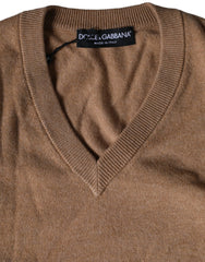 Dolce & Gabbana Brown Cashmere Knit V-neck Pullover Sweater - Sweaters