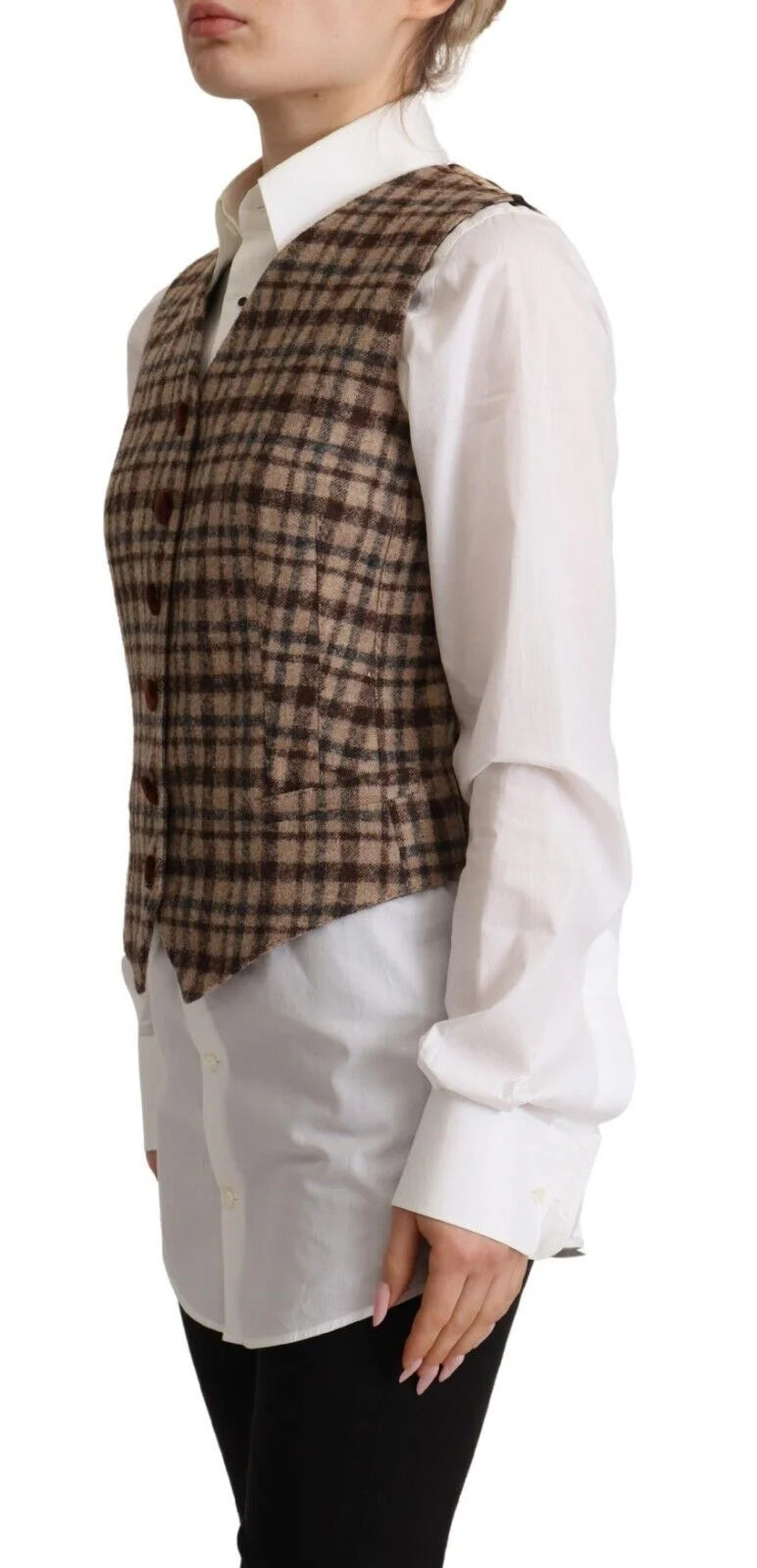 Dolce & Gabbana Brown Checkered Leopard V-neck Sleeveless Vest Top - IT40|S - Vests