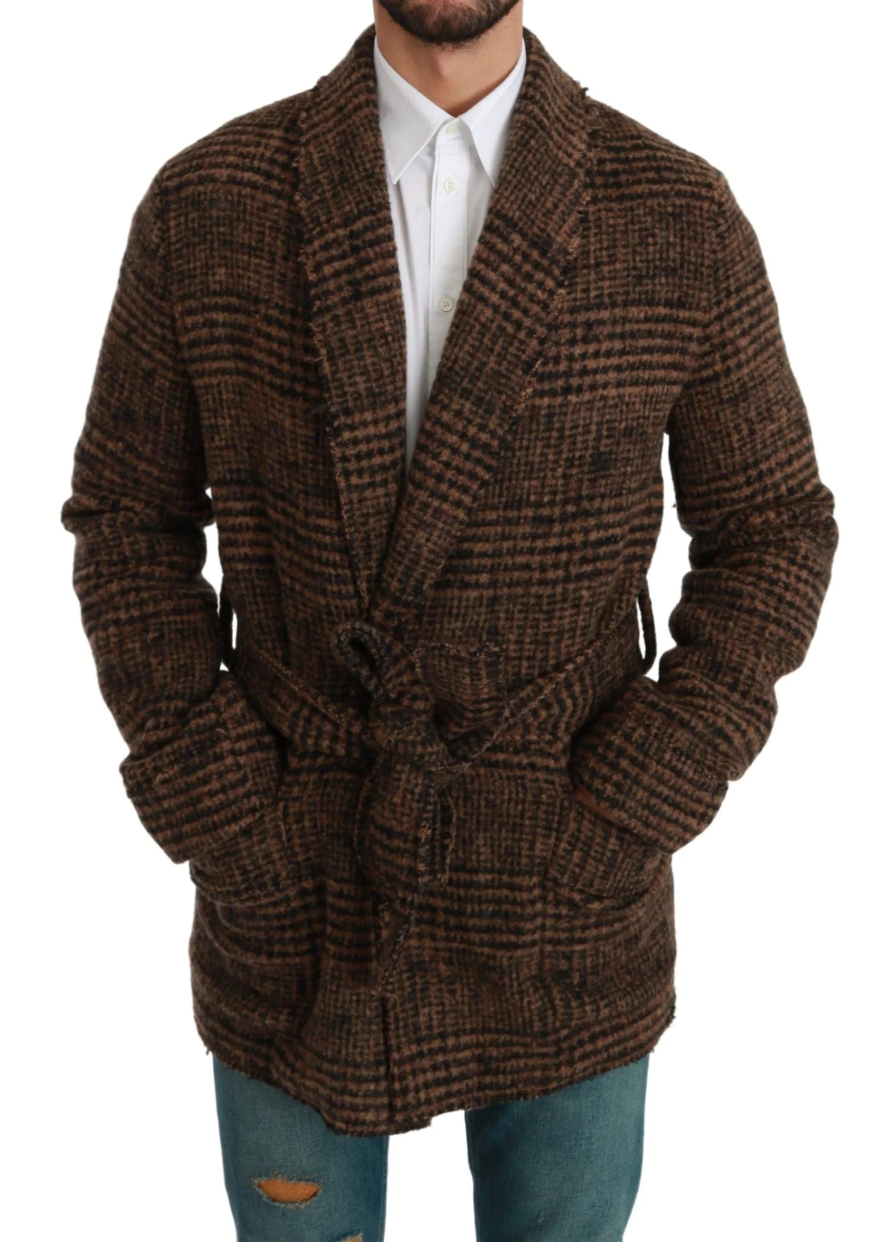 Dolce & Gabbana Brown Checkered Wool Robe Coat Wrap Jacket - Wrap Coats