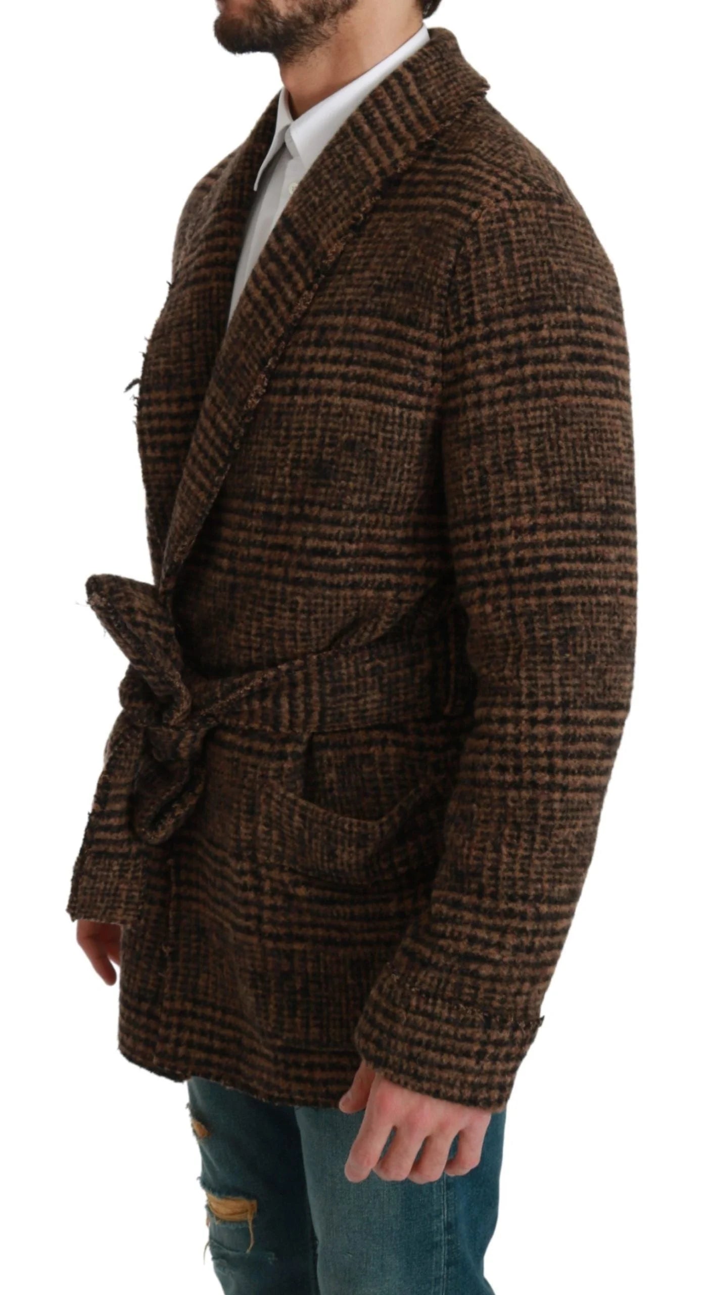 Dolce & Gabbana Brown Checkered Wool Robe Coat Wrap Jacket - Wrap Coats