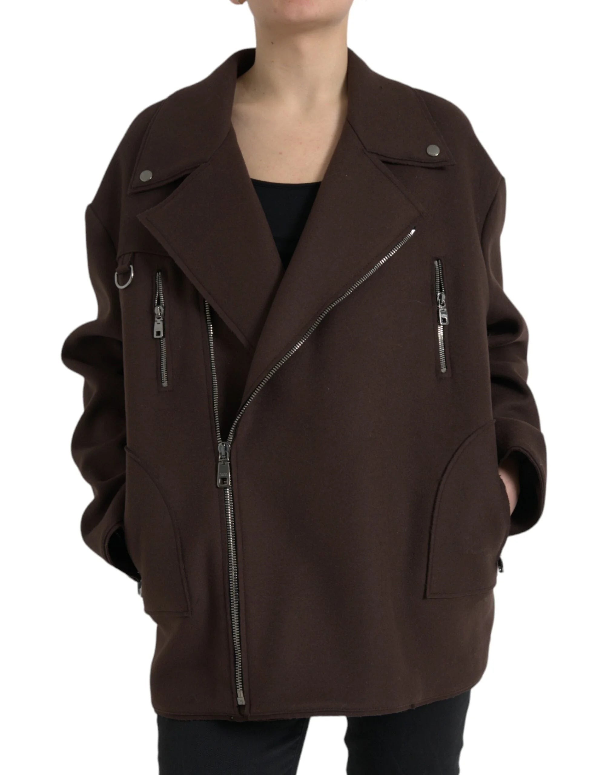 Dolce & Gabbana Brown Coat Short Biker Wool Jacket - IT40 | M - Coats & Jackets
