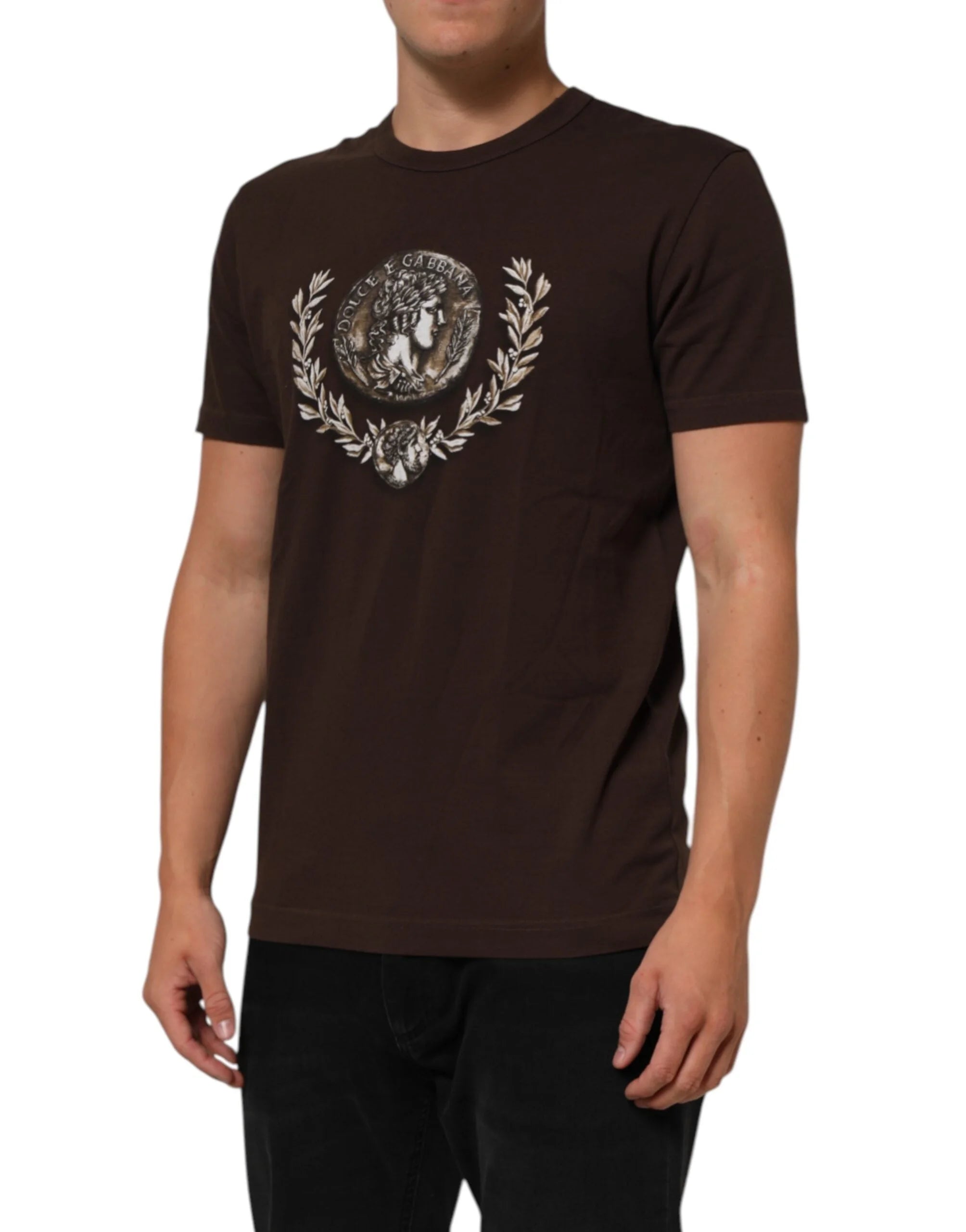 Dolce & Gabbana Brown Coin Laurel Print Men Crew Neck T-shirt - T-Shirts