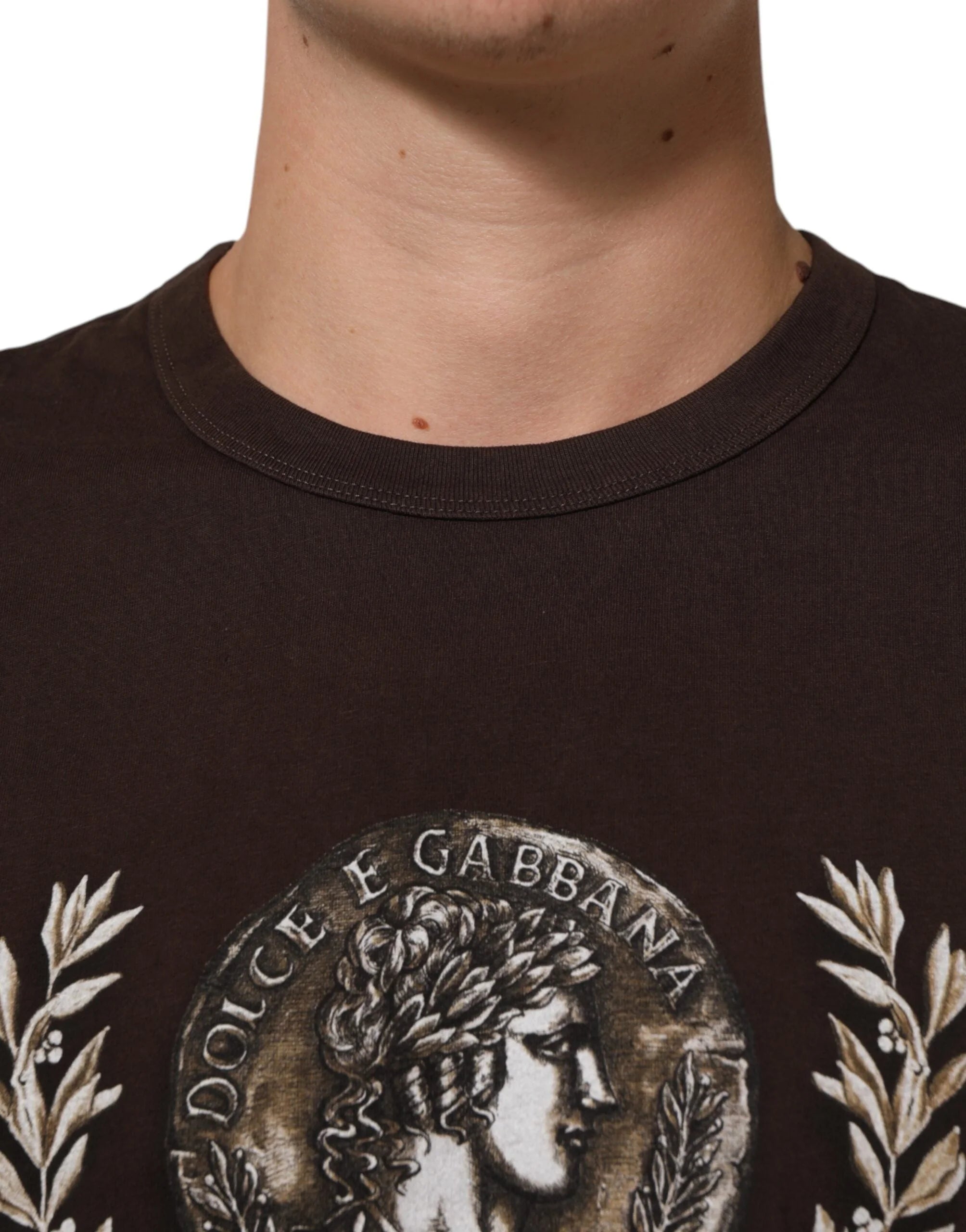 Dolce & Gabbana Brown Coin Laurel Print Men Crew Neck T-shirt - T-Shirts